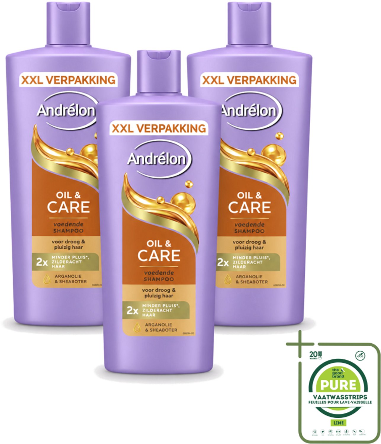 3 x Andrélon – Shampoo – Oil & Care – 685 ml - Grootverpakking - Vaatwasstrips - Haar Verzorging - Pluisvoorkomen - Arganolie Shampoo - Sheaboter - Droog Haar