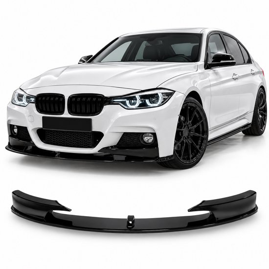 Glanzend zwarte spoilerlip voor BMW F30 F31 M-pakket, gemonteerd op een witte sedan.