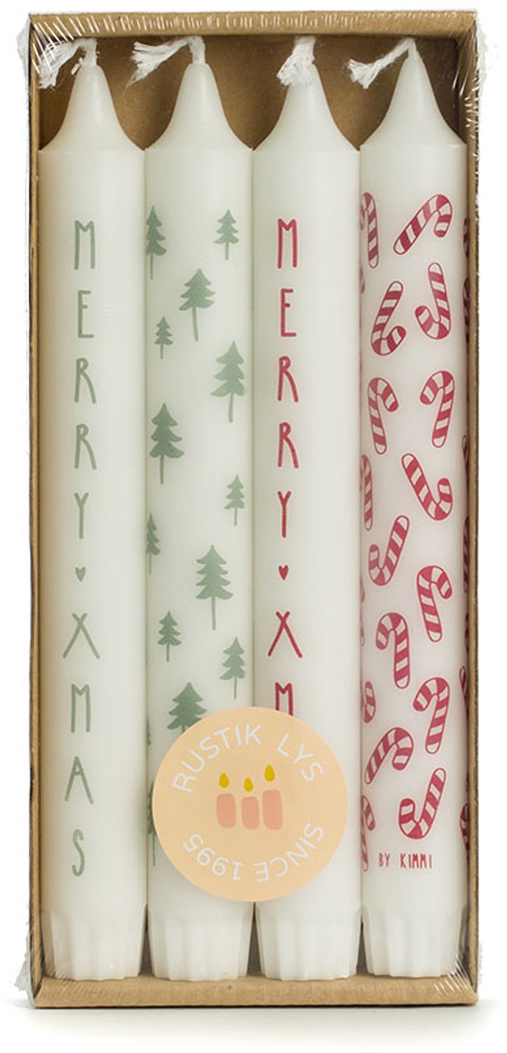 Rustik Lys Stearine dinerkaarsen By Kimmi - Kerst - Set van 4 kaarsen met print Koraal