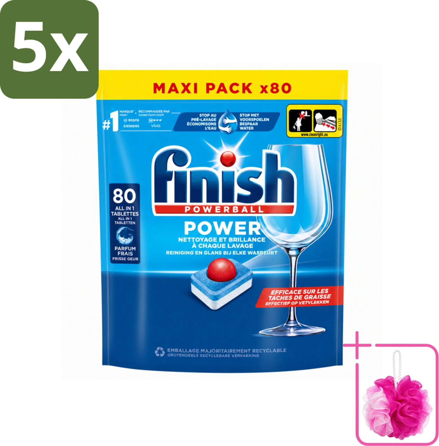5 x Finish - Vaatwasmiddel - Power All in One Regular - Effectieve Alles-in-1 Reiniging - 80 capsules - Bulkverpakking - Vaatwas - Douchemop - Vaatwasser