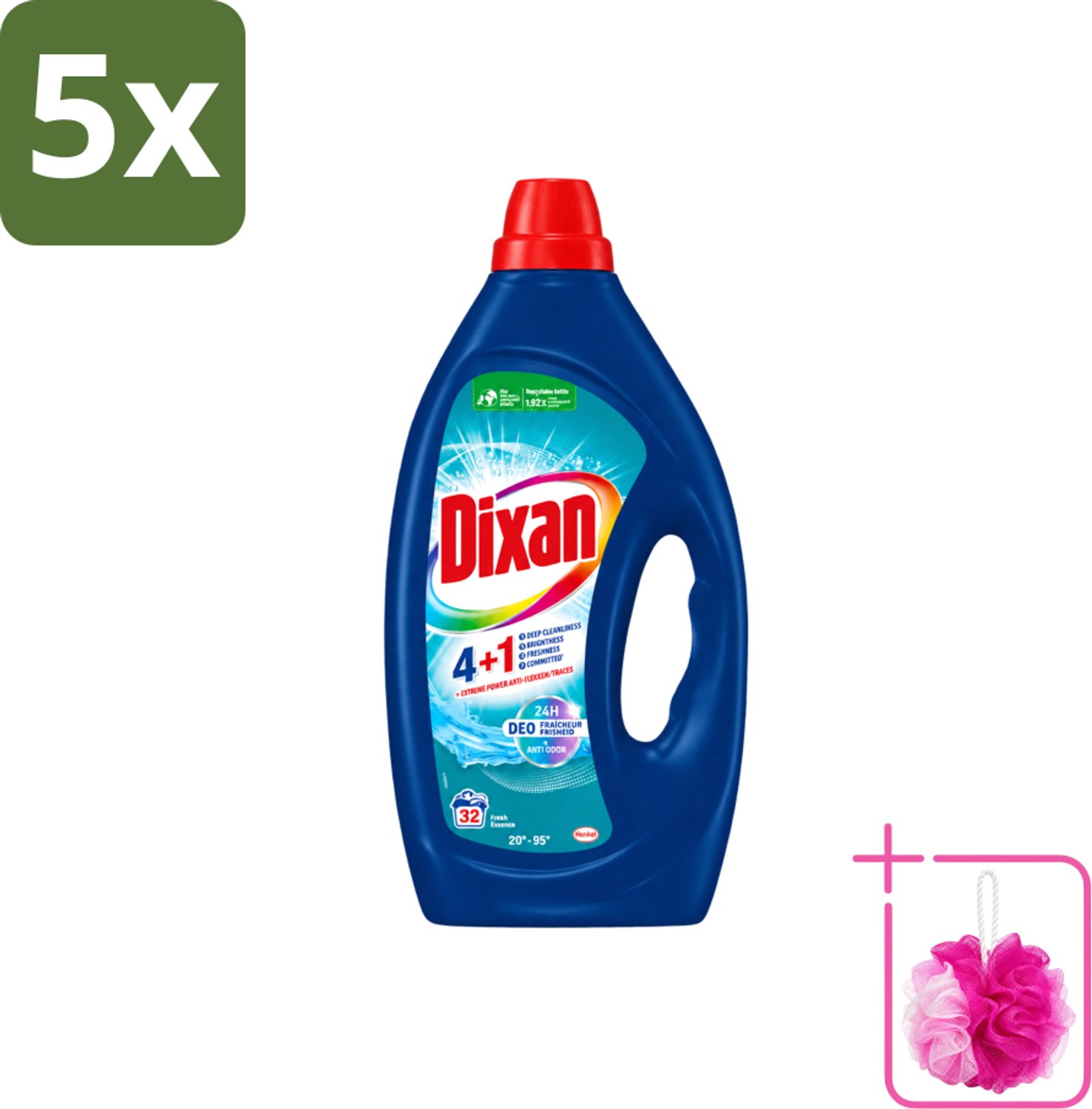 5 x Dixan - Vloeibaar wasmiddel - Fresh Blue - 32 wasbeurten - Bulkverpakking - Vloeibaar wasmiddel - Douchemop - Frisse geur