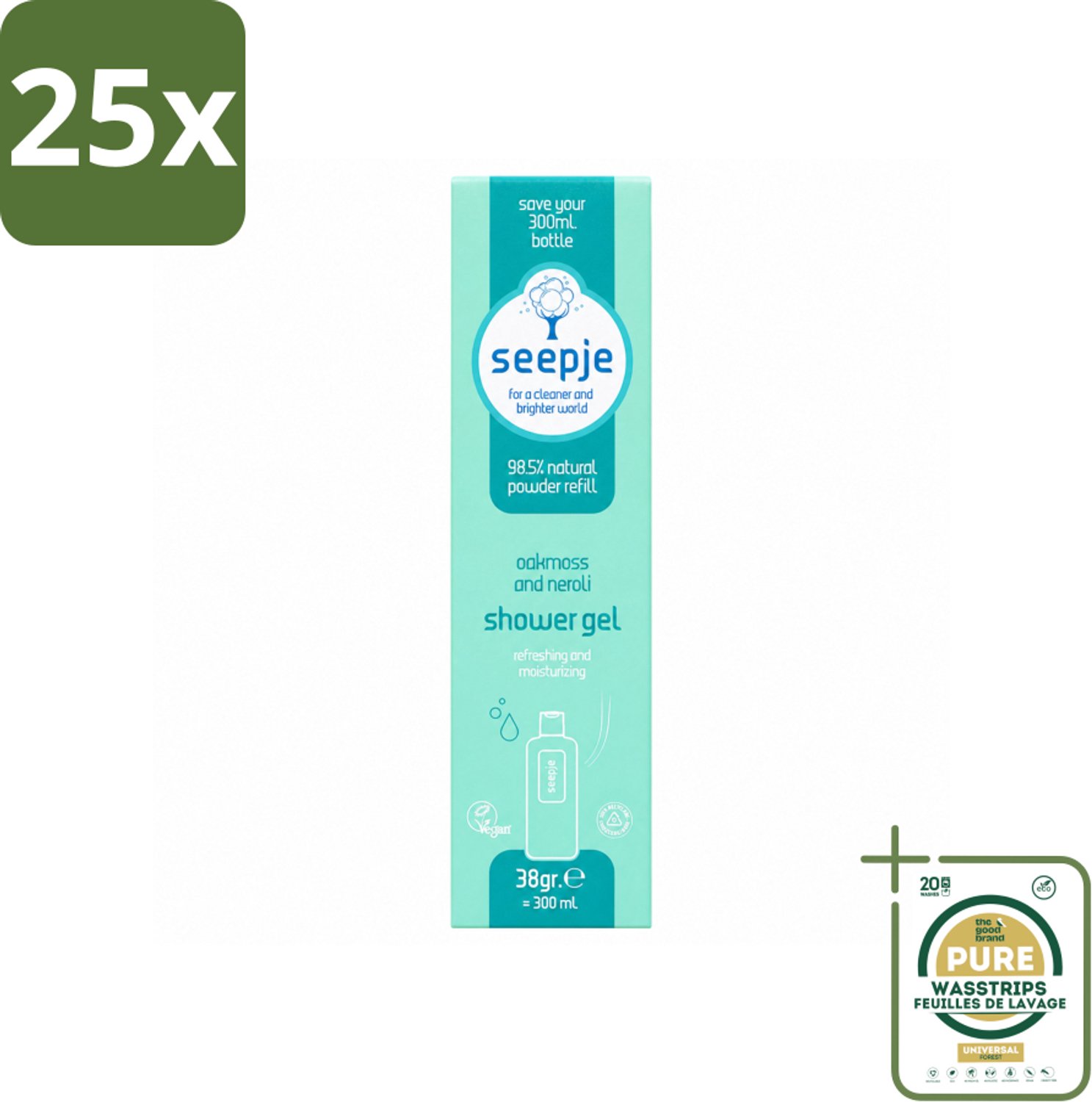 25 x Seepje - Douchegel - Duurzaam & Handig - Eikenmos en Neroli - Navulling - 38 gr - Wasstrips - Douchegel Navulling - Duurzaam Douchegel - Eikenmos Douchegel - Neroli Douchegel - Natuurlijke Douchegel