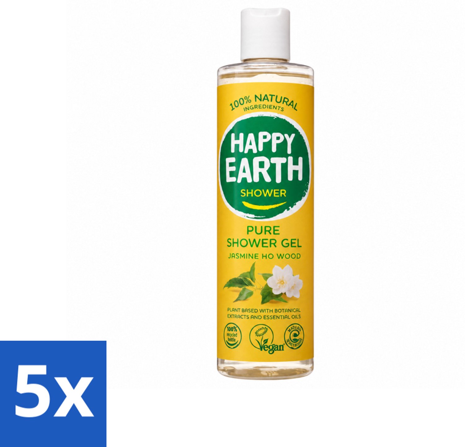 5 x Happy Earth – Douchegel – 100% Natuurlijk Jasmine Ho Wood – 300 ml - Voordeelverpakking - 5 stuks