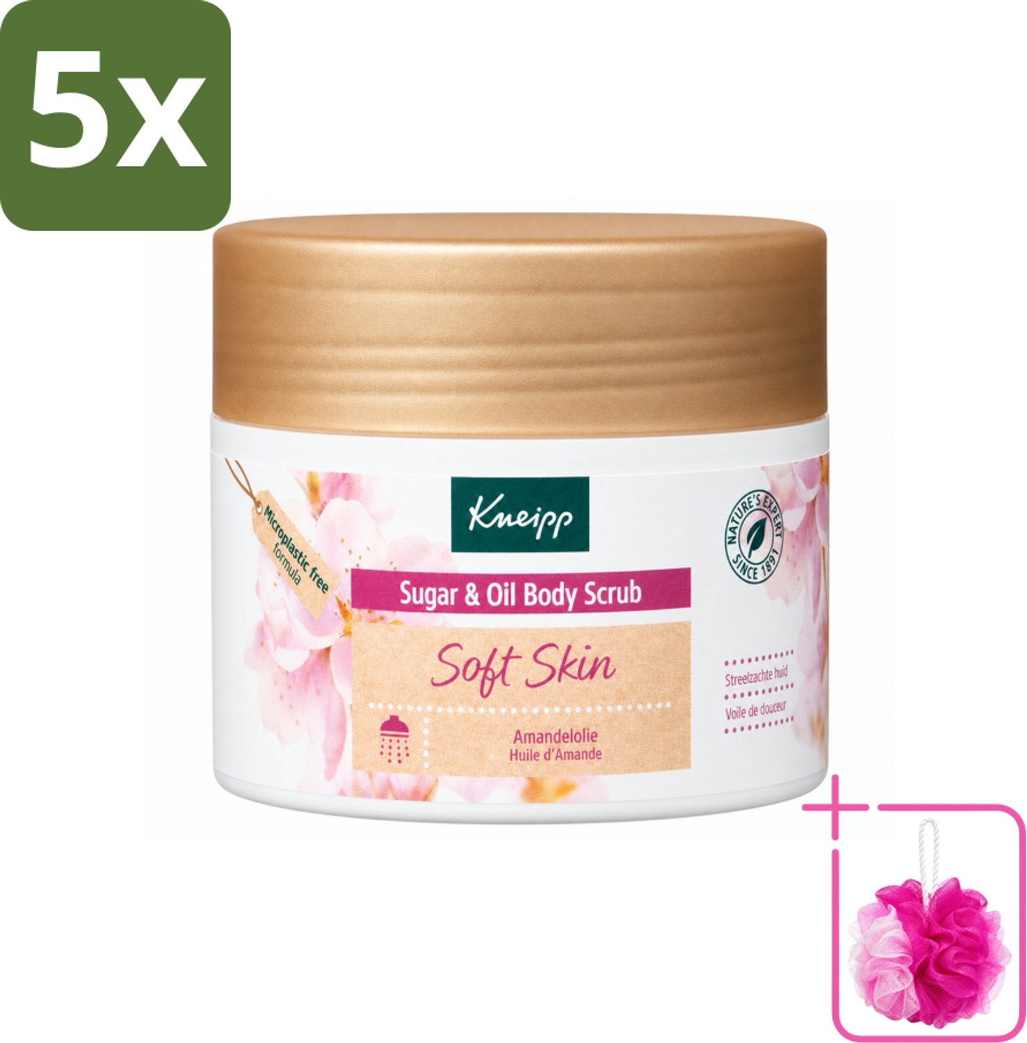 5 x Kneipp - Body scrub - Sugar & Oil - Soft Skin - Voor droge en gevoelige huid - 220 g - Bulkverpakking - Huidverzorging - Douchemop - Suiker scrubb