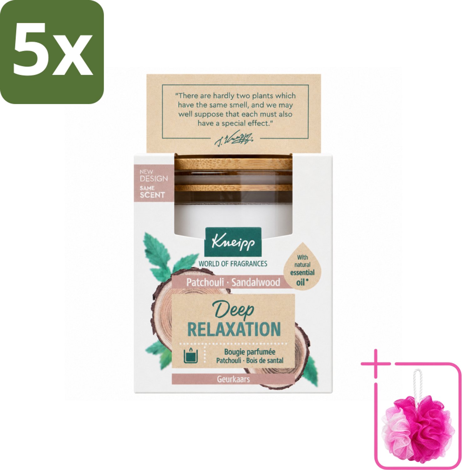 5 x Kneipp - Geurkaars - Deep Relaxation - Sandelhout & Patchouli - 20 branduren - Bulkverpakking - Geurkaars - Douchemop - Ontspanning