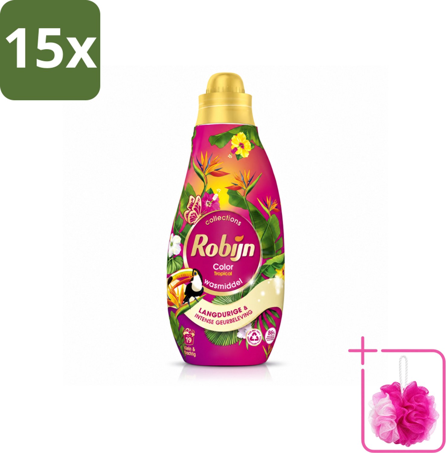 15 x Robijn - Klein & Krachtig Color Tropical - Wasmiddel - 19 Wasbeurten - 665 ml - Bulkverpakking - Kleurbehoud - Douchemop - Wasmiddel