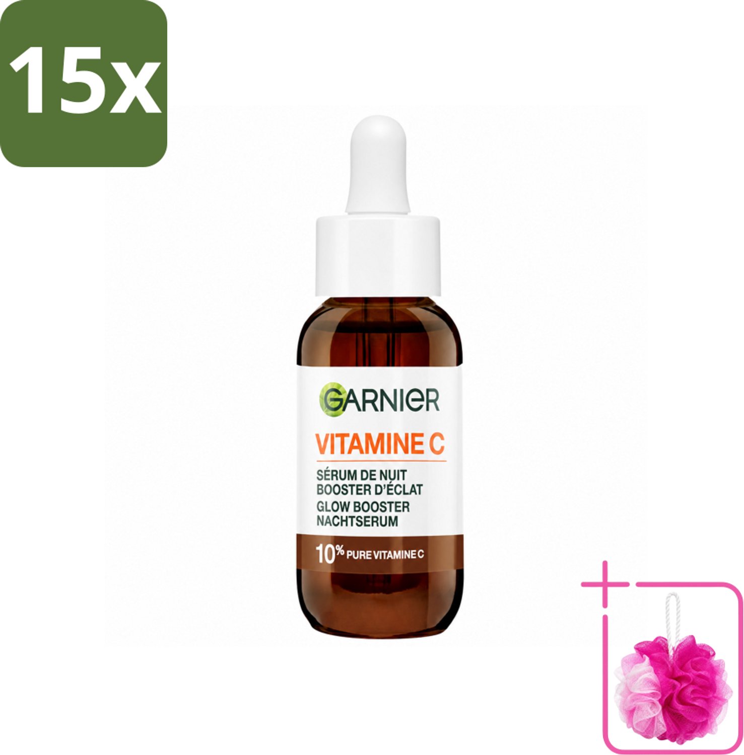 15 x Garnier - SkinActive - Nachtserum - Anti-Pigmentvlekken - 10% Vitamine C & Hyaluronzuur - 30 ml - Bulkverpakking - Nachtserum - Douchemop - Vitamine C