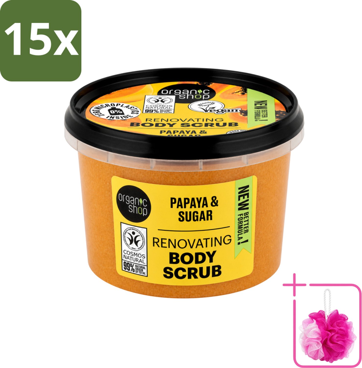 15 x Organic Shop - Body Scrub Papaya - Exfoliërend en Hydraterend - 250 ml - Bulkverpakking - Bodyscrub papaya - Douchemop - Exfoliatie huid