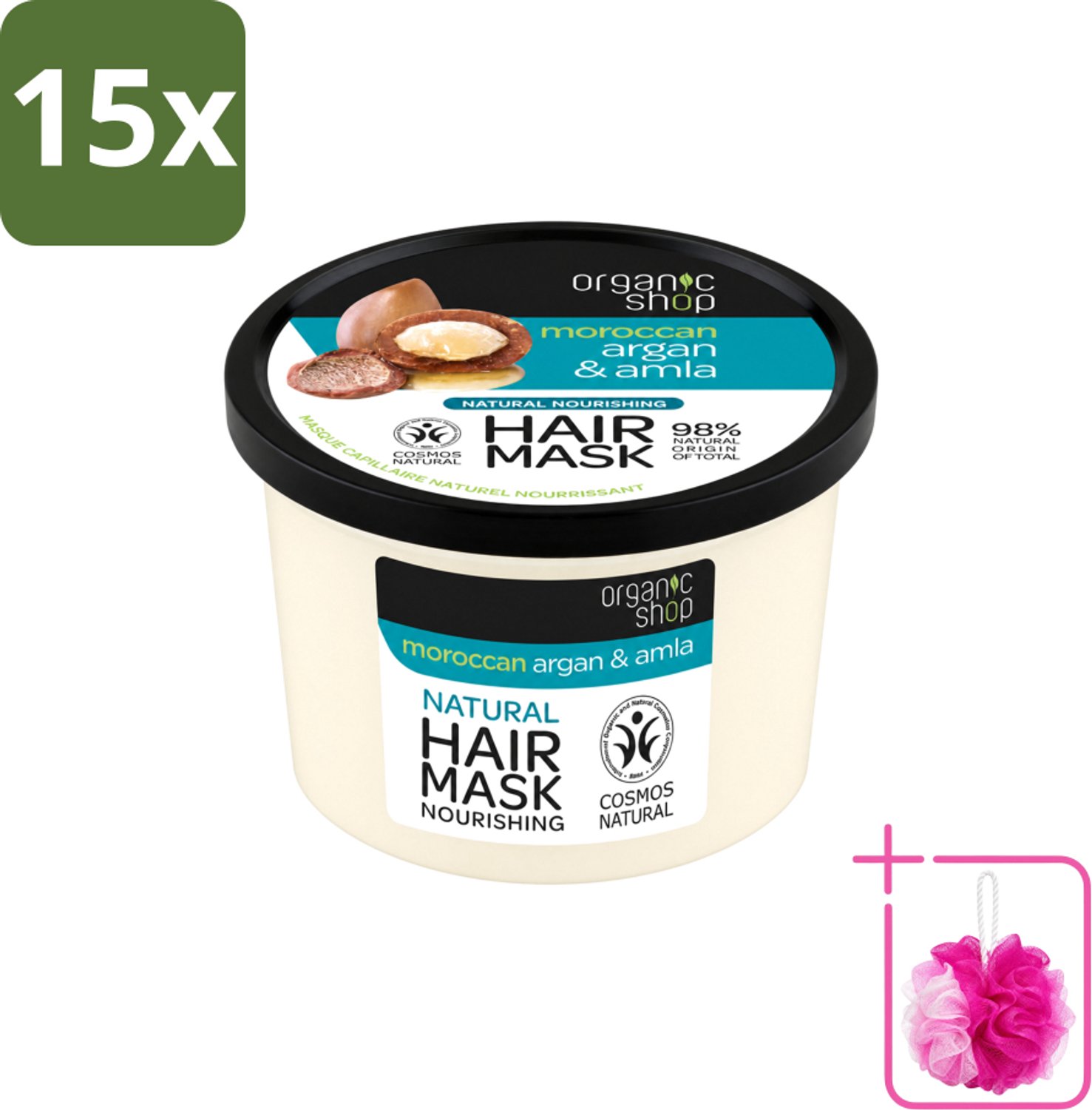 15 x Organic Shop - Haarmasker Argan & Amla - Herstellend en Verzorgend - 250 ml - Bulkverpakking - Haarmasker - Douchemop - Herstel haar