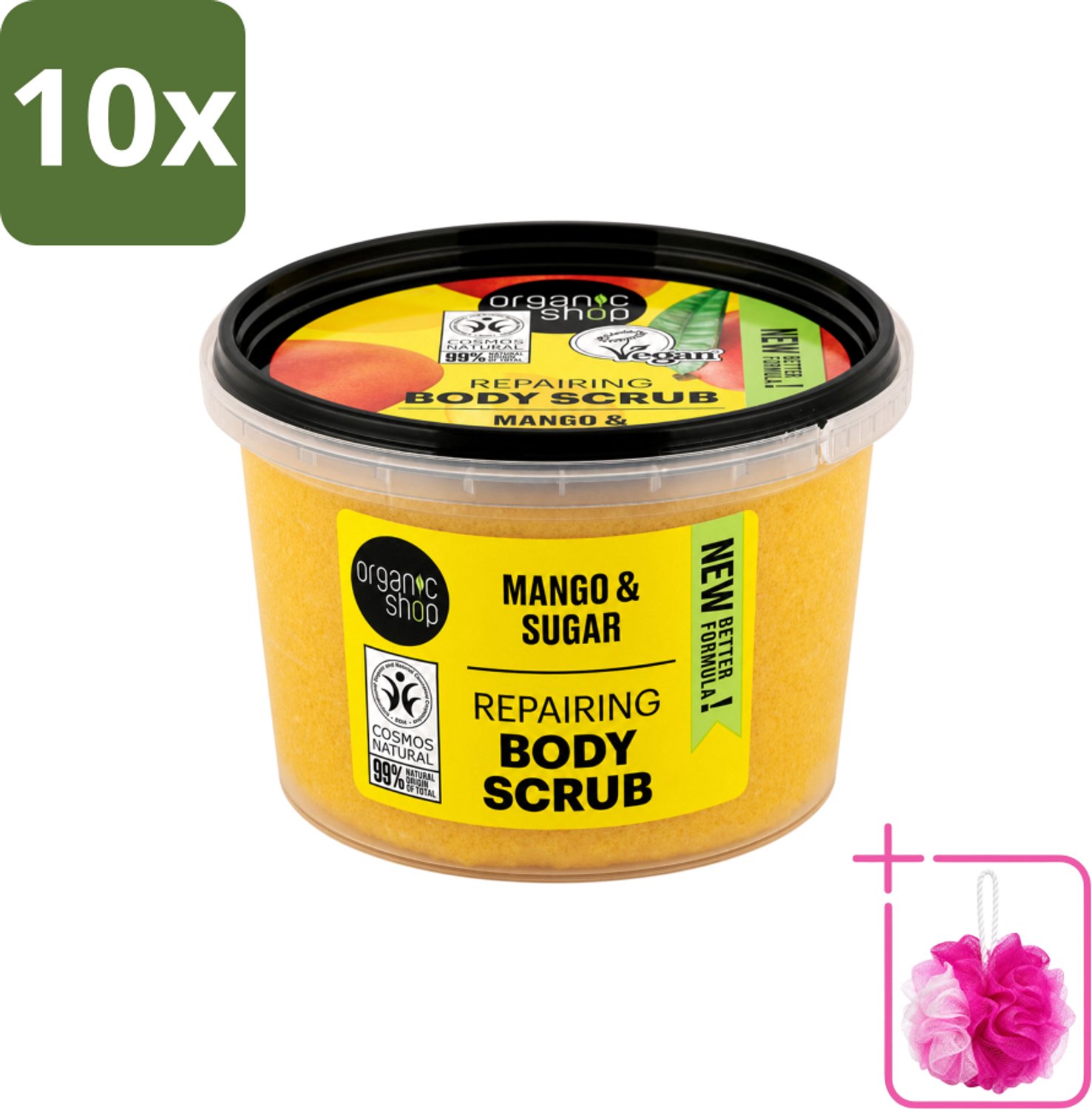 10 x Organic Shop - Organic Mango & Sugar Body Scrub - Peeling en Geur - 250 ml - Bulkverpakking - Organische bodyscrub - Douchemop - Mango scrub