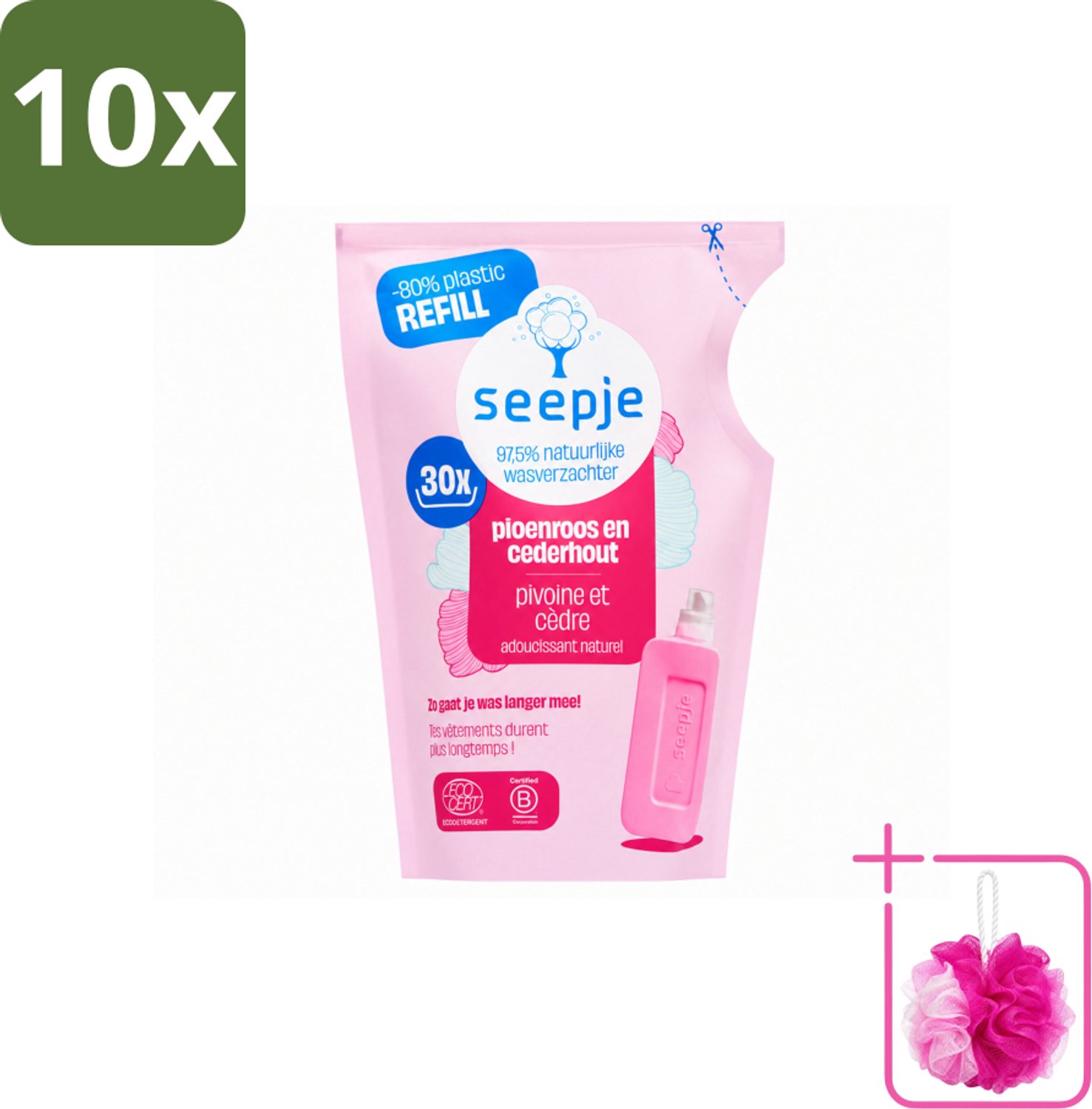 10 x Seepje - Wasverzachter - Duurzaam & Frisse Geur - Navulling - Pioenroos en Cederhout - 30 Wasbeurten - 750 ml - Bulkverpakking - Wasverzachter - Douchemop - Natuurlijke wasverzachter