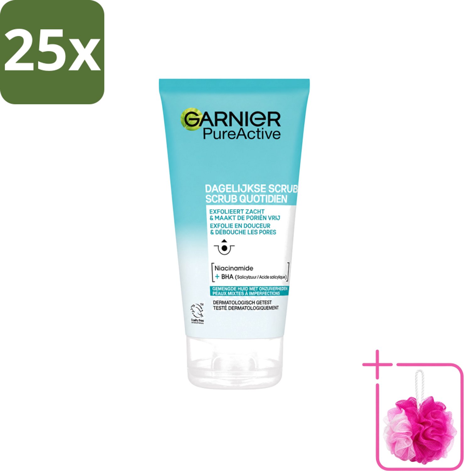 25 x Garnier - Pure Active - Dagelijkse Scrub - Niacinamide & BHA - Exfolieert & Reinigt Poriën - 150 ml - Bulkverpakking - Exfoliatie - Douchemop - Reinigen