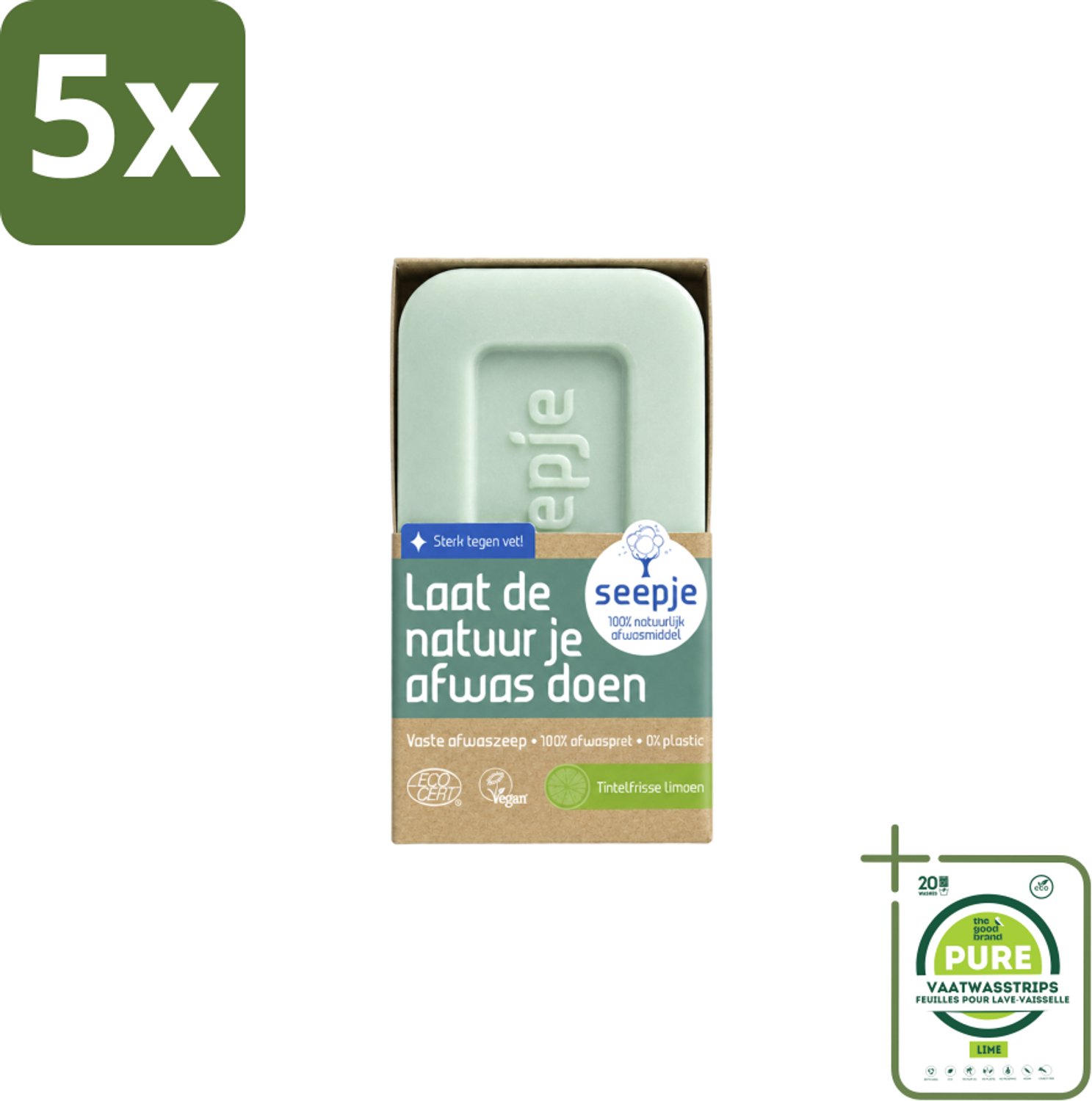 5 x Seepje - Afwaszeep - Handgemaakt & Biologisch - Tintelfrisse Limoen Geur - 120 gr - Grootverpakking - Vaatwasstrips - Afwaszeep - Handgemaakte Zeep - Biologische Zeep - Milieuvriendelijke Zeep - Limoen Geur