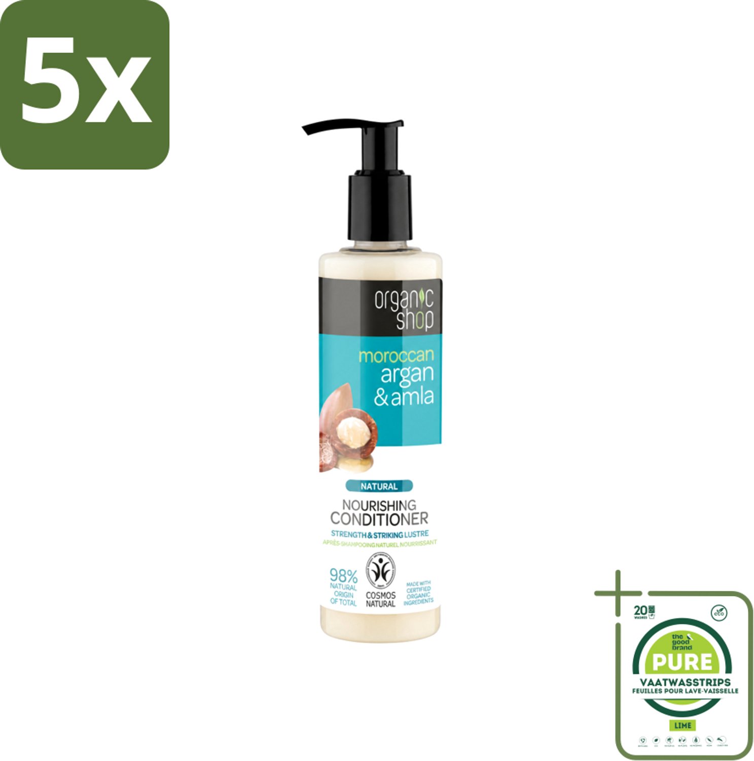 5 x Organic Shop - Conditioner Argan & Amla - Hydraterend en Verzorgend - 280 ml - Grootverpakking - Vaatwasstrips - Gekleurd Haar - Glans - Voeding - Natuurlijke Kleur - Haar Verzorging