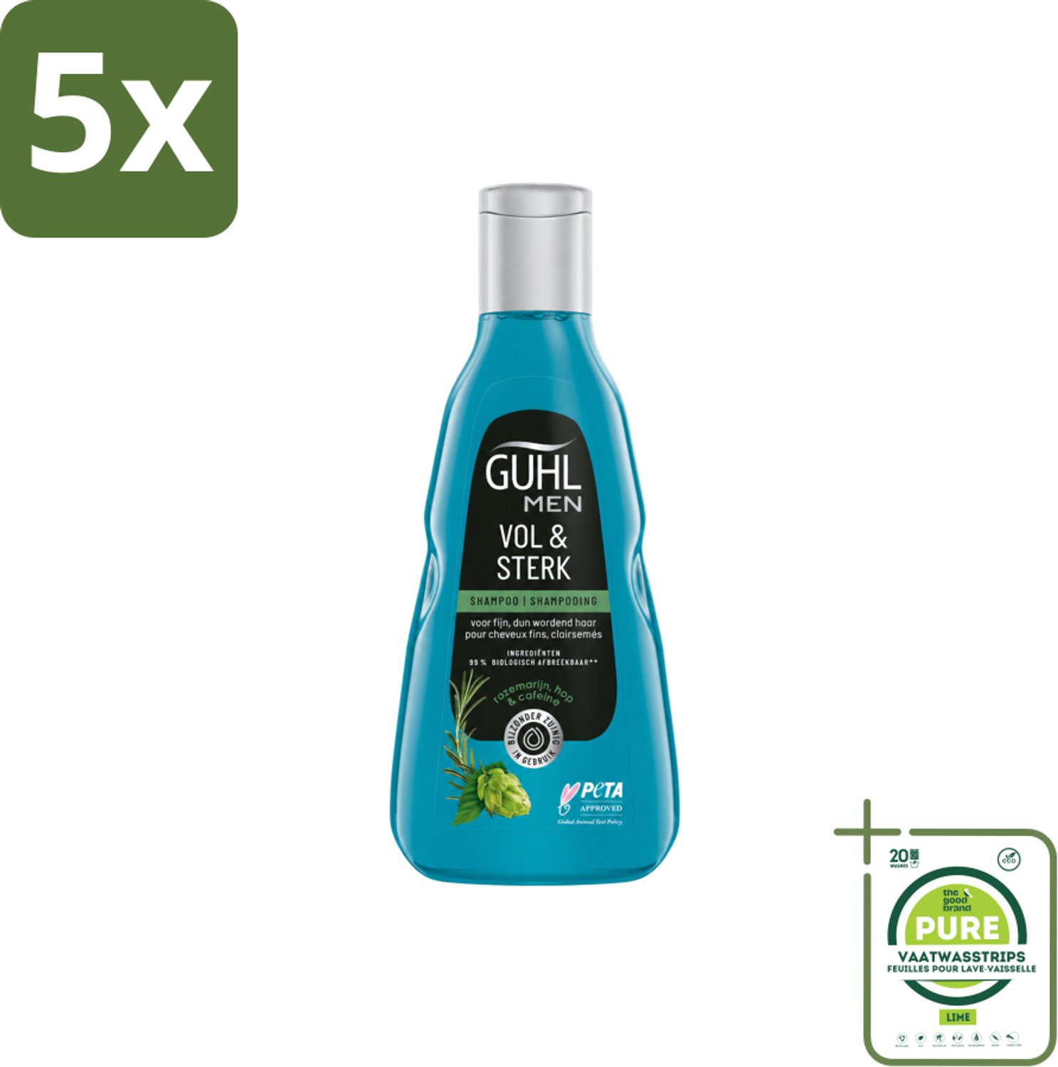 5 x Guhl - Shampoo - Men Vol & Sterk - 250 ml - Grootverpakking - Vaatwasstrips - Mannenhaar - Volume - Kracht - Vitaliteit - Cafeïne