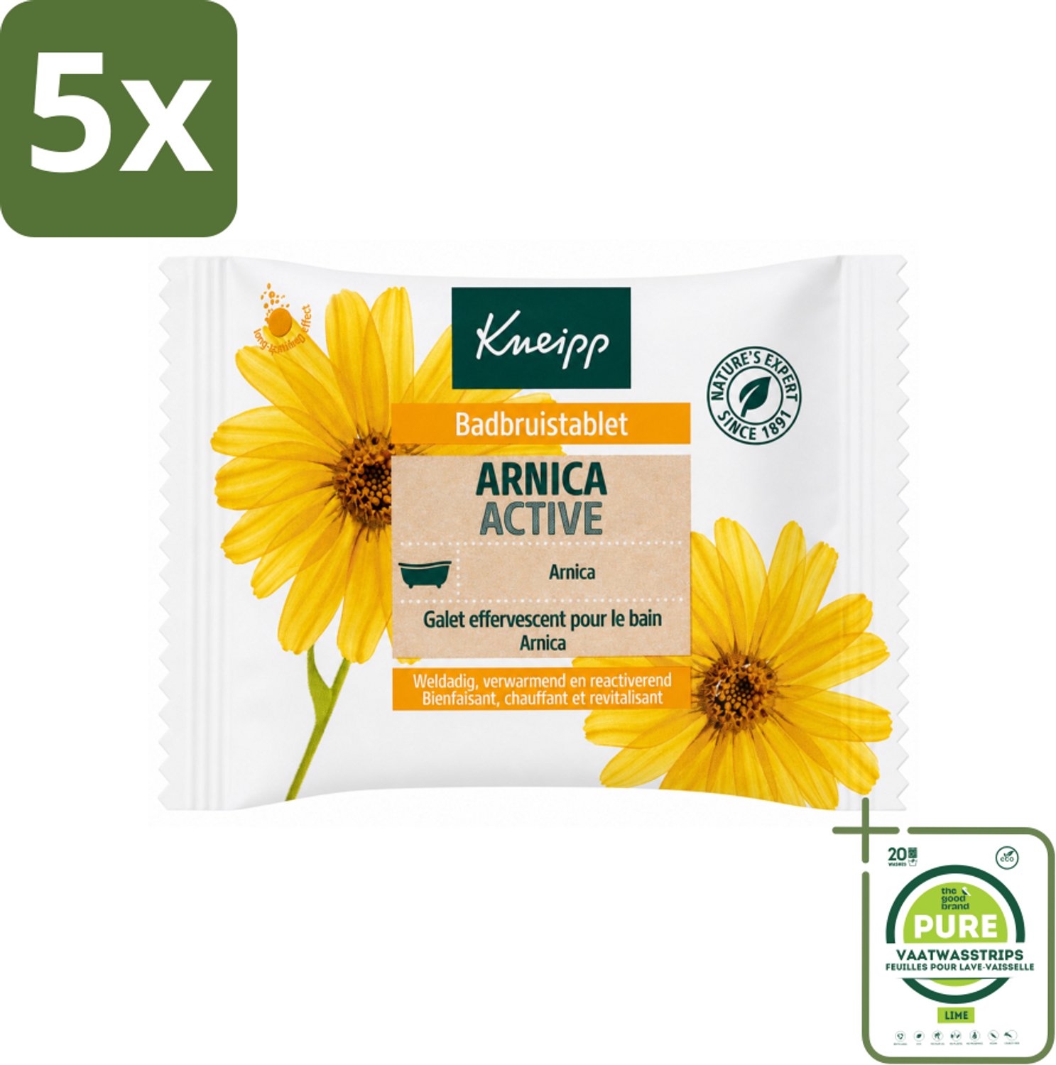 5 x Kneipp - Badbruistablet - Arnica - Grootverpakking - Vaatwasstrips - Badtablet - Arnica - Spierherstel - Verwarmend Bad - Ontspanning