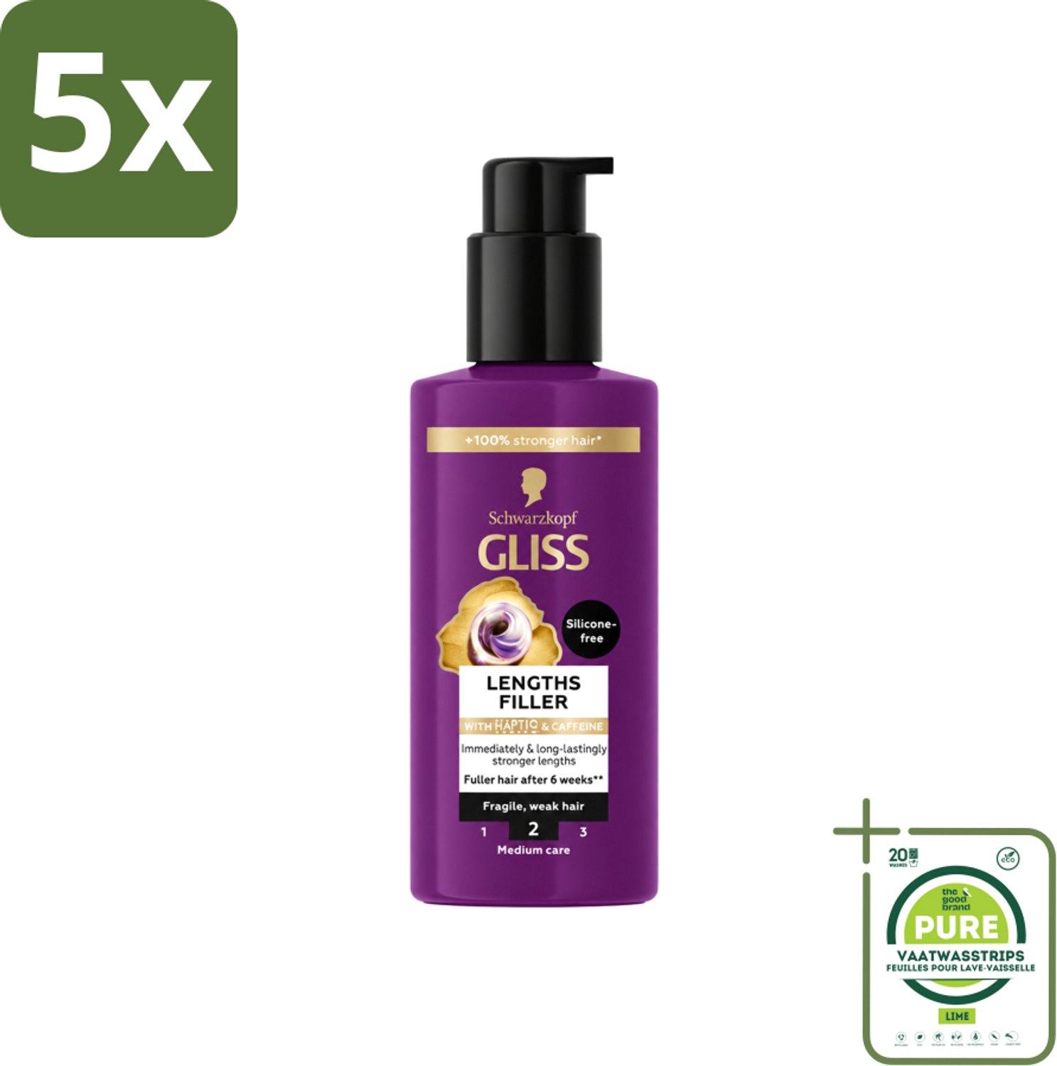 5 x Gliss - Haarserum - Lengths Filler - Siliconenvrij met Cafeïne - Voor Sterker Haar - 100 ml - Grootverpakking - Vaatwasstrips - Haarserum - Cafeïne - Haarversterking - Haarbreuk - Haarstructuur