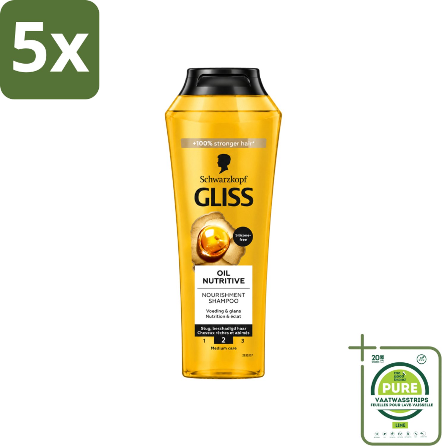 5 x Gliss - Shampoo - Oil Nutritive - Voor Voedend en Zijdezacht Haar - 250 ml - Grootverpakking - Vaatwasstrips - Voedend Haarverzorging - Lang Haar - Droog Haar - Gespleten Haarpunten - Haar Verzorging