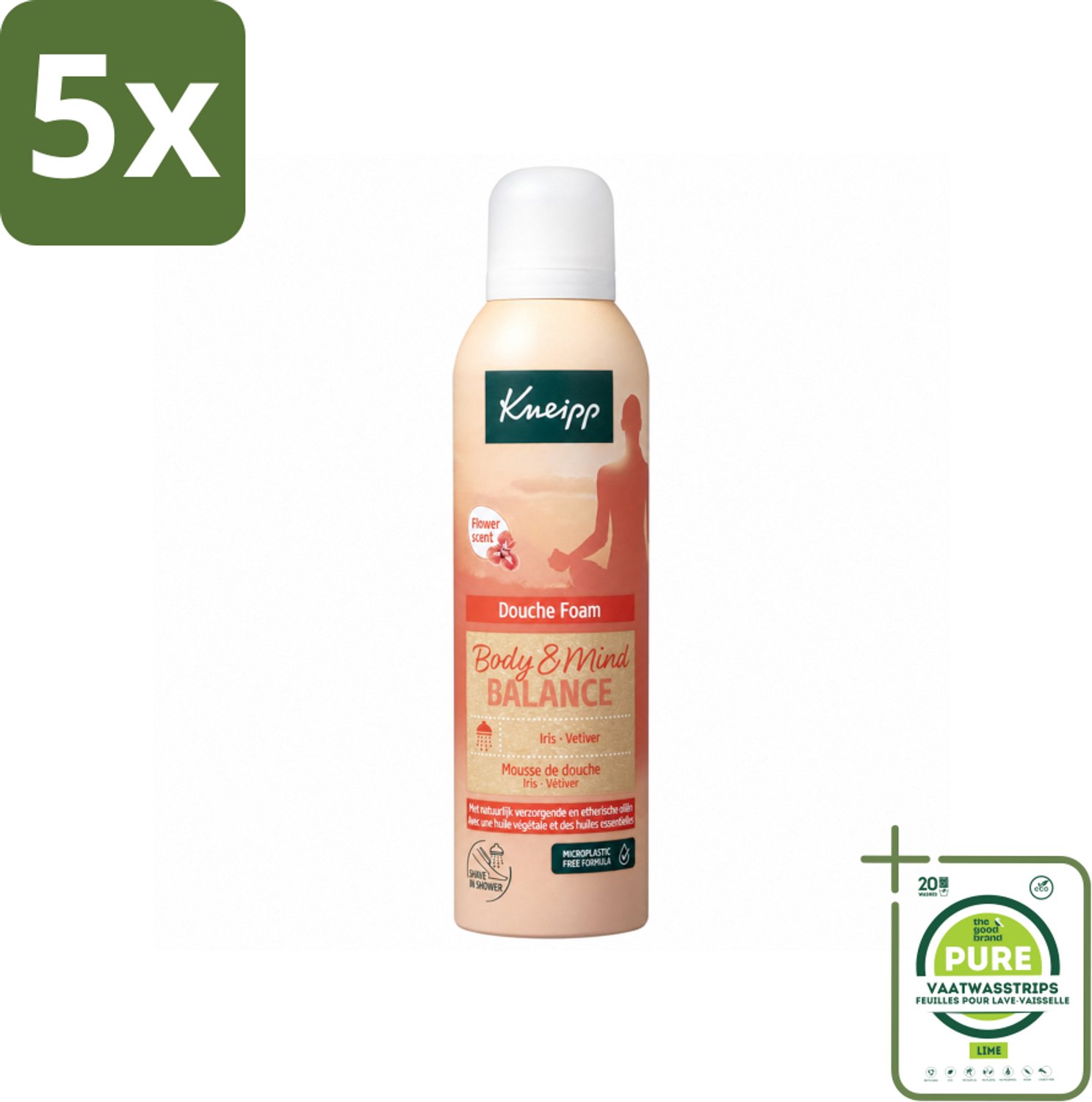 5 x Kneipp - Douche schuim - Body & Mind Balance - Iris & Vetiver - 200 ml - Grootverpakking - Vaatwasstrips - Douche Foam - Rust - Ontspanning - Balans - Huidverzorging