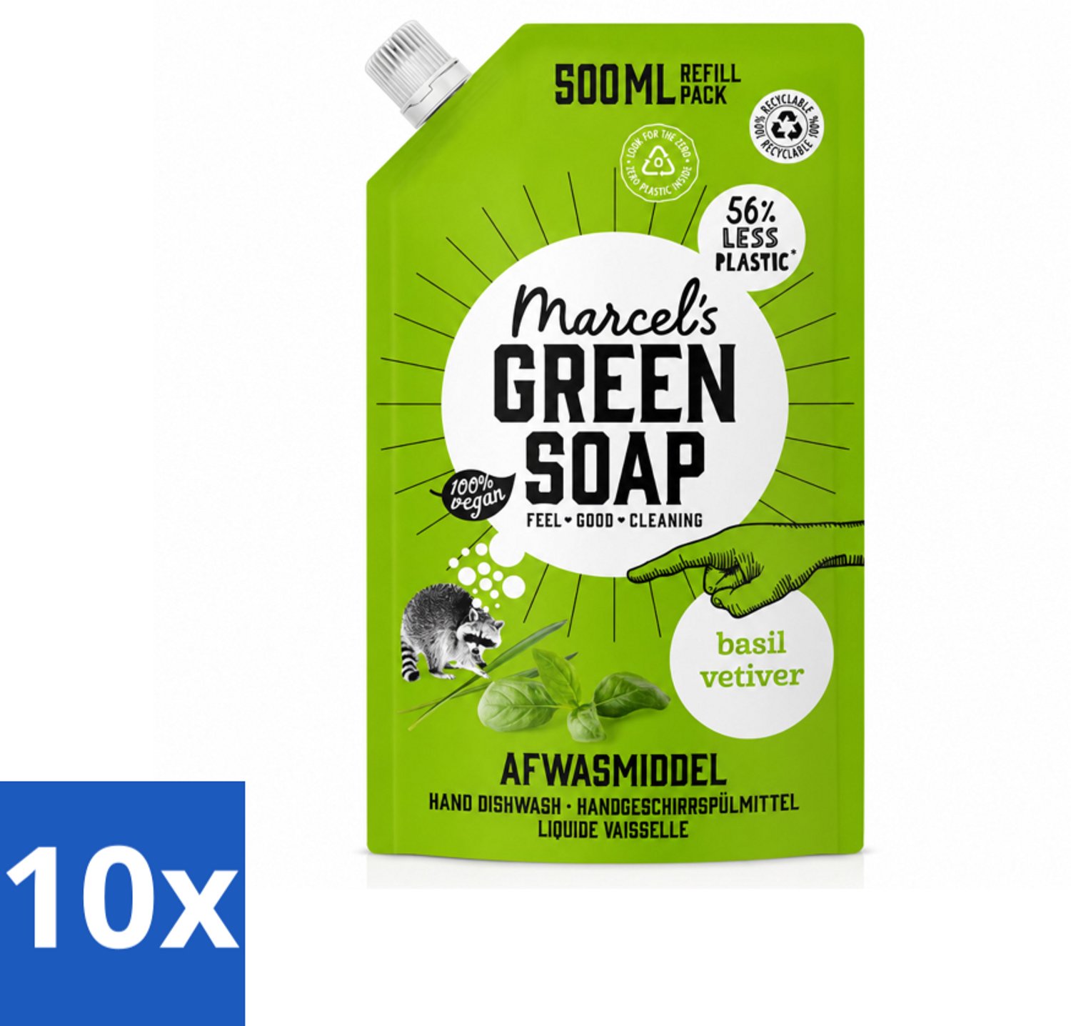 10 x Marcel's Green Soap - Navulling - Afwasmiddel - Basilicum & Vetiver Gras - Plantaardig & duurzaam - 500 ml - Voordeelverpakking - 10 stuks