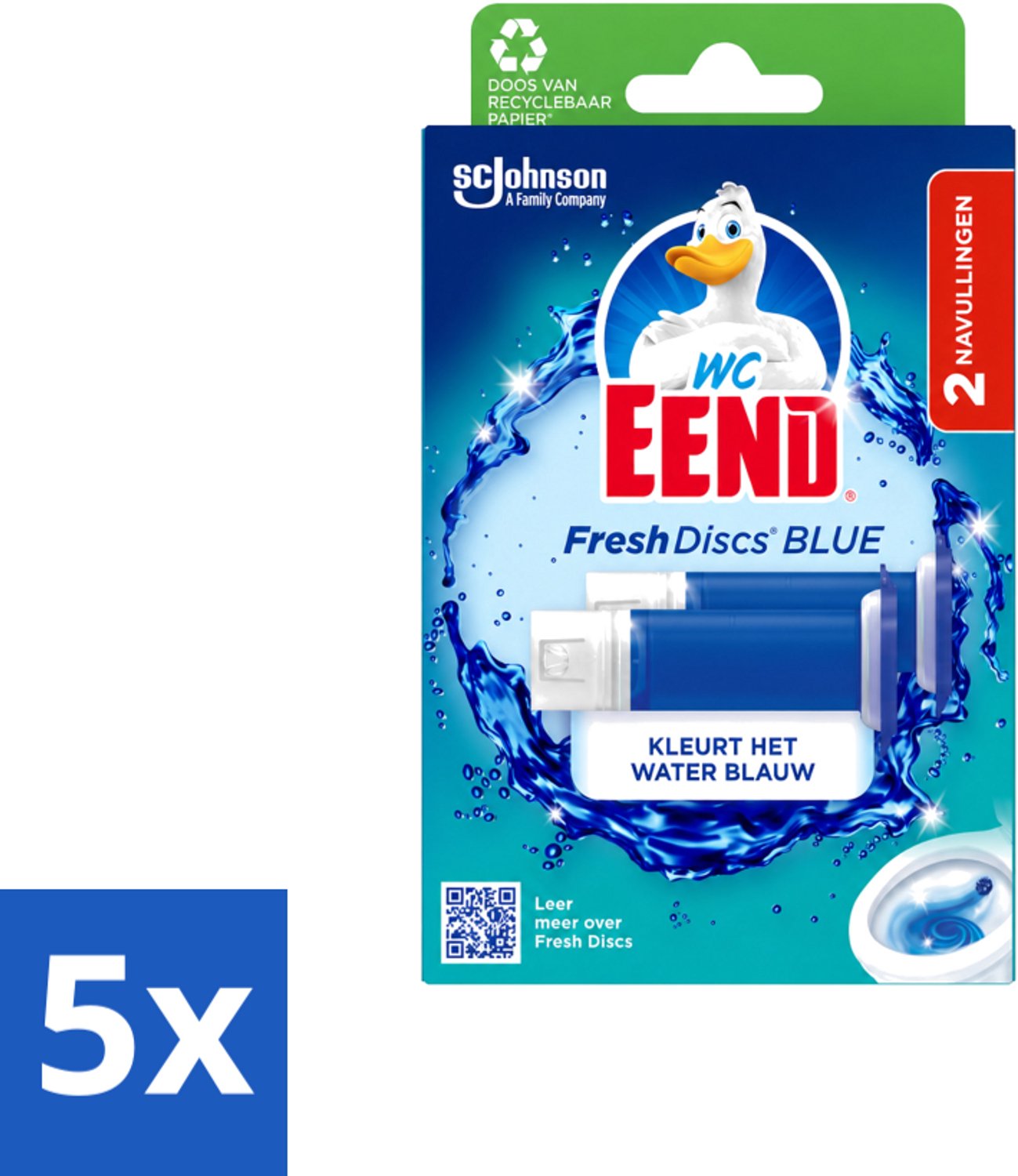 5 x WC Eend - Fresh Discs Coloring Blue - Duo Navulling - Kleurt Water Blauw & Verfrist - 72 ml - Voordeelverpakking - 5 stuks