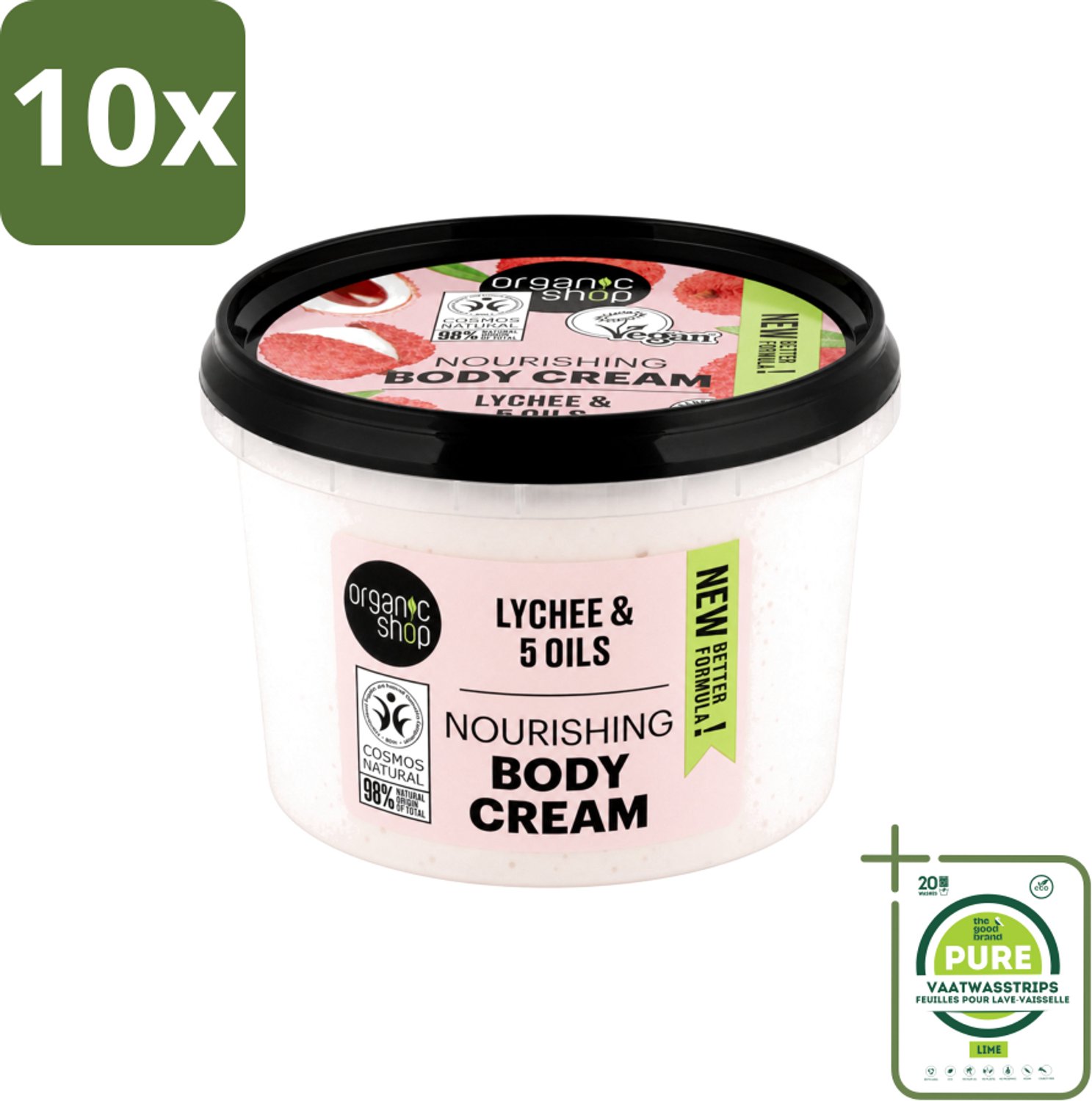 10 x Organic Shop - Nourishing Body Cream Lychee - Hydraterend en Voedend - 250 ml - Grootverpakking - Vaatwasstrips - Hydratatie - Voeding - Natuurlijke Crème - Lychee Crème - Huid Verzorging
