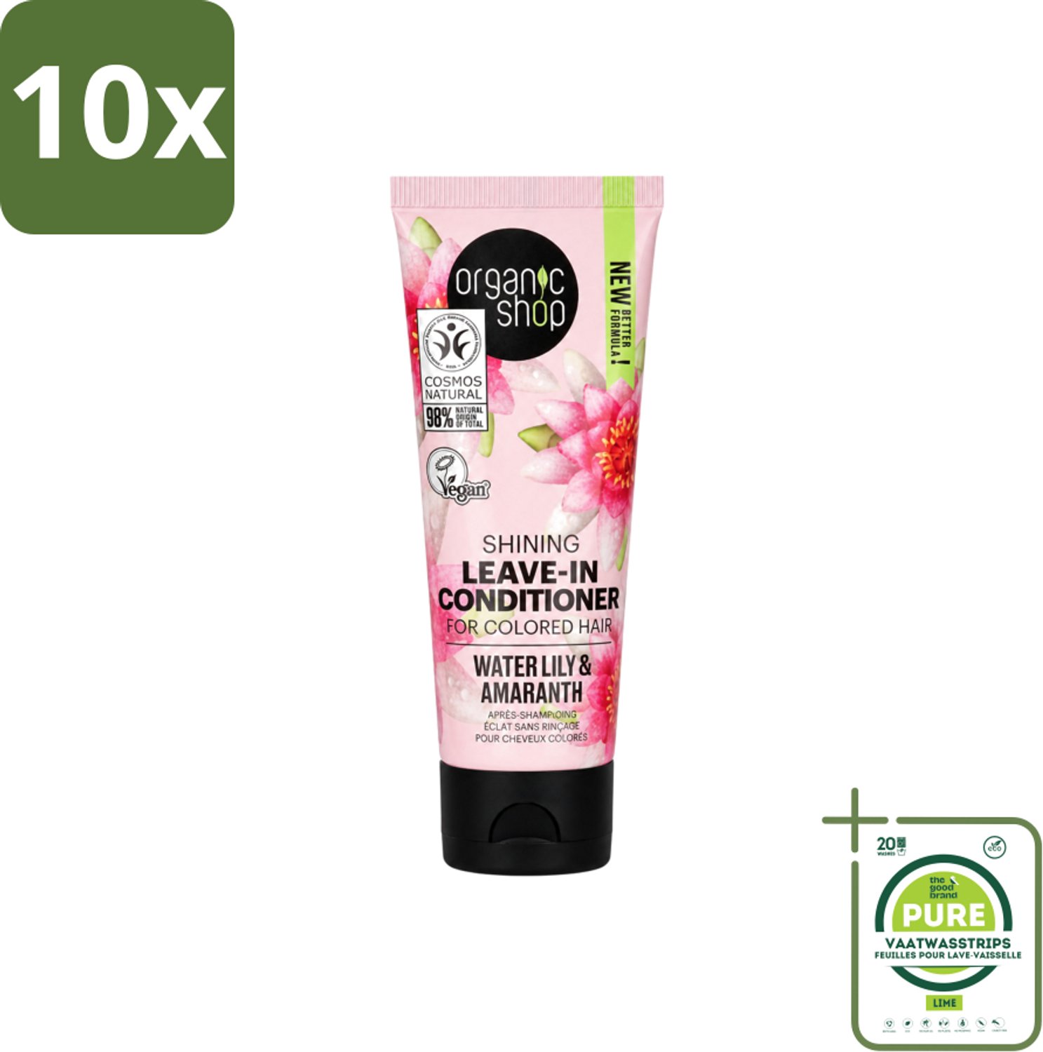 10 x Organic Shop - Shining Leave-In Conditioner Water Lily & Amaranth - 75 ml - Grootverpakking - Vaatwasstrips - Haarkleur Bescherming - Natuurlijke Haarkleur - Gezond Haar - Haarverzorging - Leave-in Conditioner