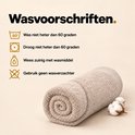 Wasvoorschriften voor handdoeken: wassen en drogen tot 60 graden, weinig wasmiddel, geen wasverzachter.