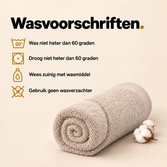 Wasvoorschriften voor handdoeken: wassen en drogen tot 60 graden, weinig wasmiddel, geen wasverzachter.