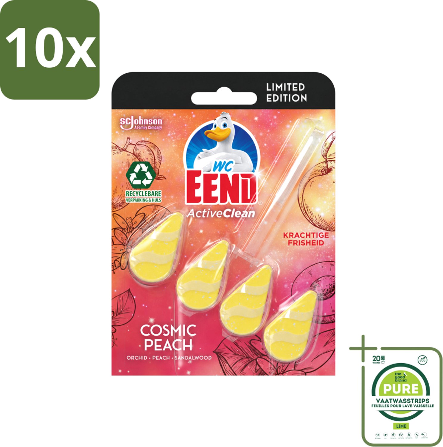10 x WC Eend - Active Clean Cosmic Peach - Toiletblok - Fruitige Perzikgeur - 38 gr - Grootverpakking - Vaatwasstrips - Toilet Reinigen - Toilet Blok - Perzik Geur - Toilet Schoon - Toilet Hygiëne