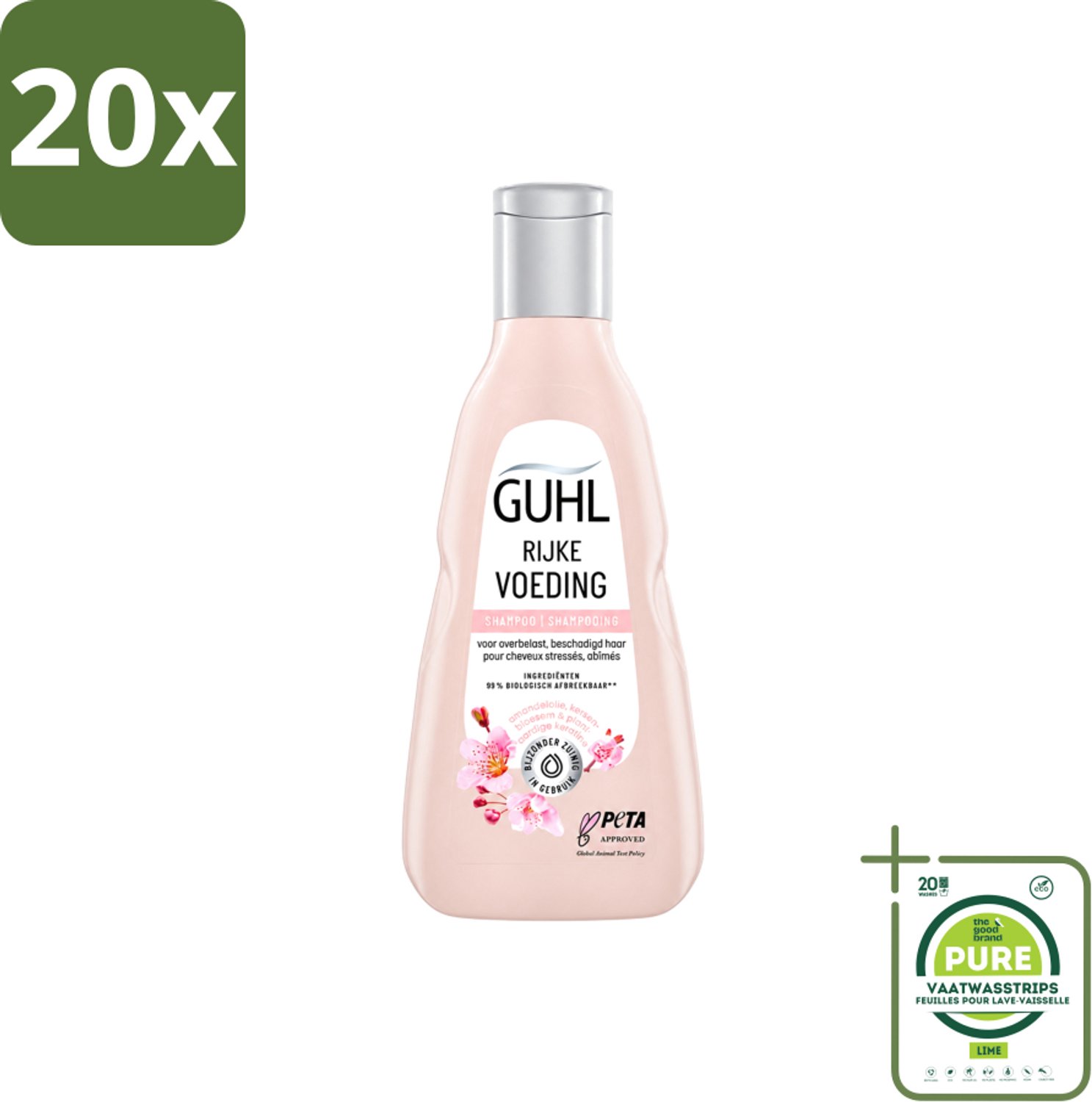 20 x Guhl - Shampoo - Rijke Voeding - 250 ml - Grootverpakking - Vaatwasstrips - Voedend Haarshampoo - Droog Haar - Uitgedroogd Haar - Haar Verzorging - Amandelolie