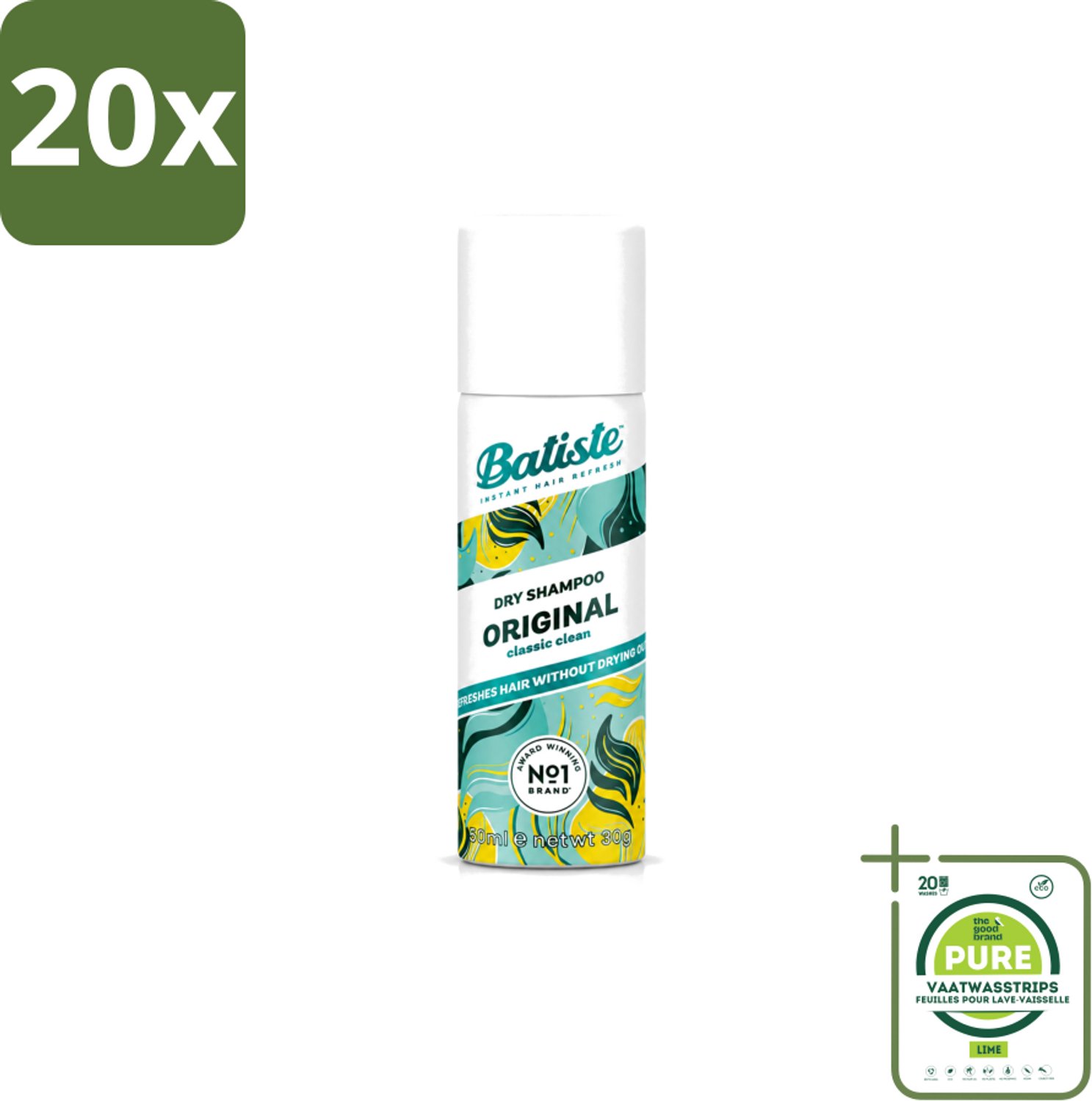 20 x Batiste - Classic Clean - Droogshampoo - Koele en Schone Geur - Verfrist en Geeft Grip - 50ml - Grootverpakking - Vaatwasstrips - Fris Haar - Droogshampoo - Haarkleur - Haartype - Haarspray