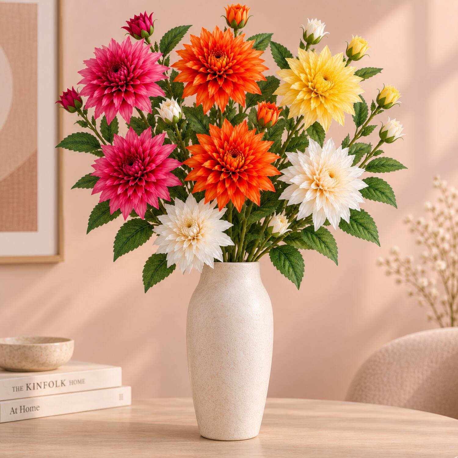 Mica Decorations Boeket Kunstbloemen Dahlia's - H74 cm - 4 kleuren mix - 8x stelen kunstbloemen - gekleurde bloemetjes Multi