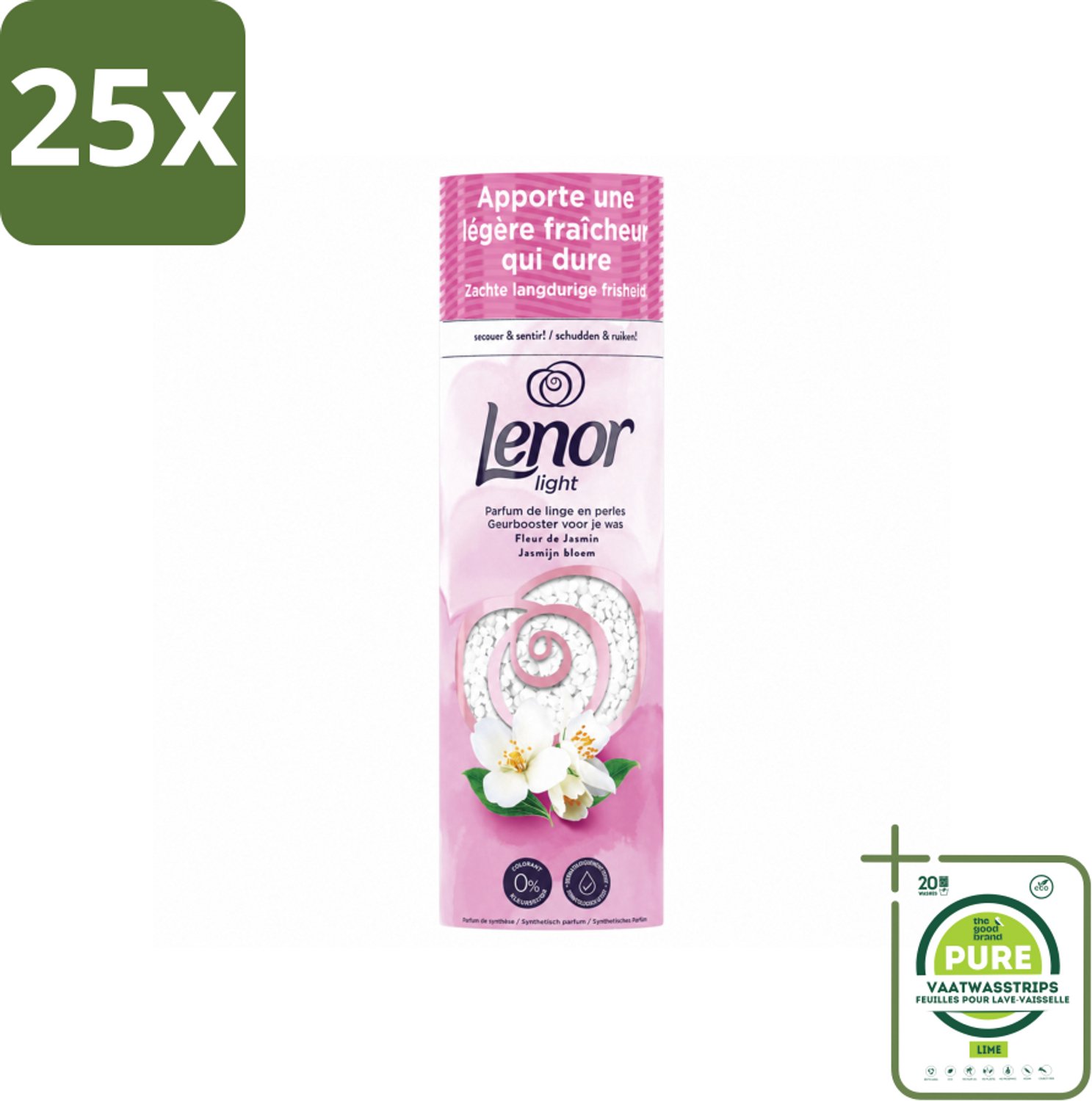 25 x Lenor Light - Geurbooster - Jasmijn - Non-Stop Frisheid - 19 Wasbeurten - Grootverpakking - Vaatwasstrips - Wasgeur - Zijdebloesem - Pioenroos - Geurbooster - Wasgoed