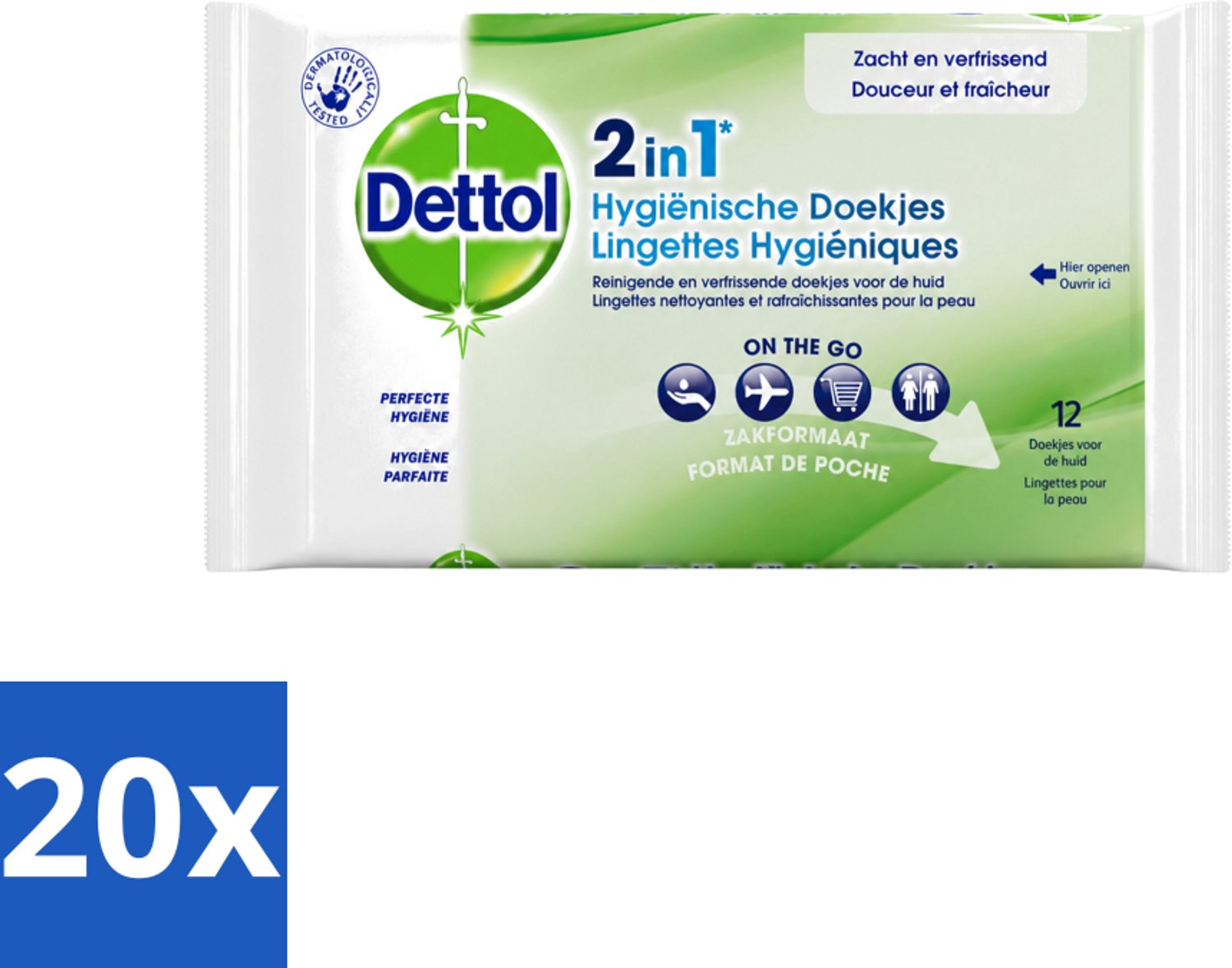 20 x Dettol - Reinigingsdoekjes - 2-in-1 Reiniging & Desinfectie - On the Go - 12 Doekjes - Voordeelverpakking - 20 stuks