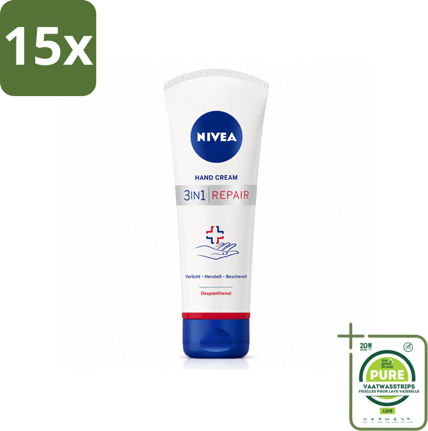 15 x NIVEA - Handcrème - 3-in-1 Herstel - Verlicht - Herstelt - Beschermt - 100 ml - Grootverpakking - Vaatwasstrips - Handcrème - Droge Handen - Herstel - Hydratatie - Huidbarrière