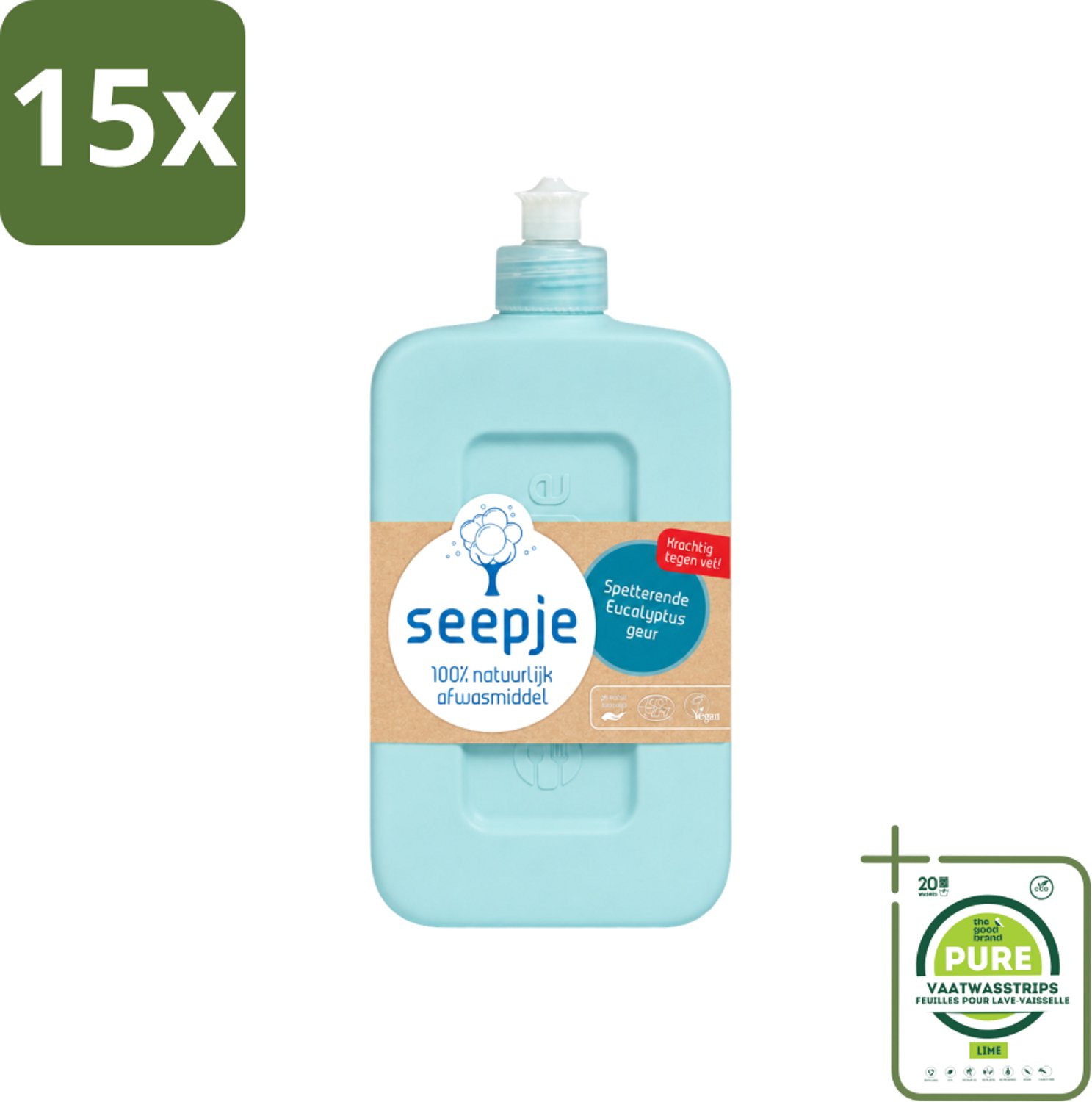 15 x Seepje - Afwasmiddel - Verfrissend & Zacht voor de Handen - Spetterende Eucalyptus - 500 ml - Grootverpakking - Vaatwasstrips - Afwasmiddel - Eucalyptus - Handen Reinigen - Natuurlijk Afwasmiddel - Vet Verwijderen