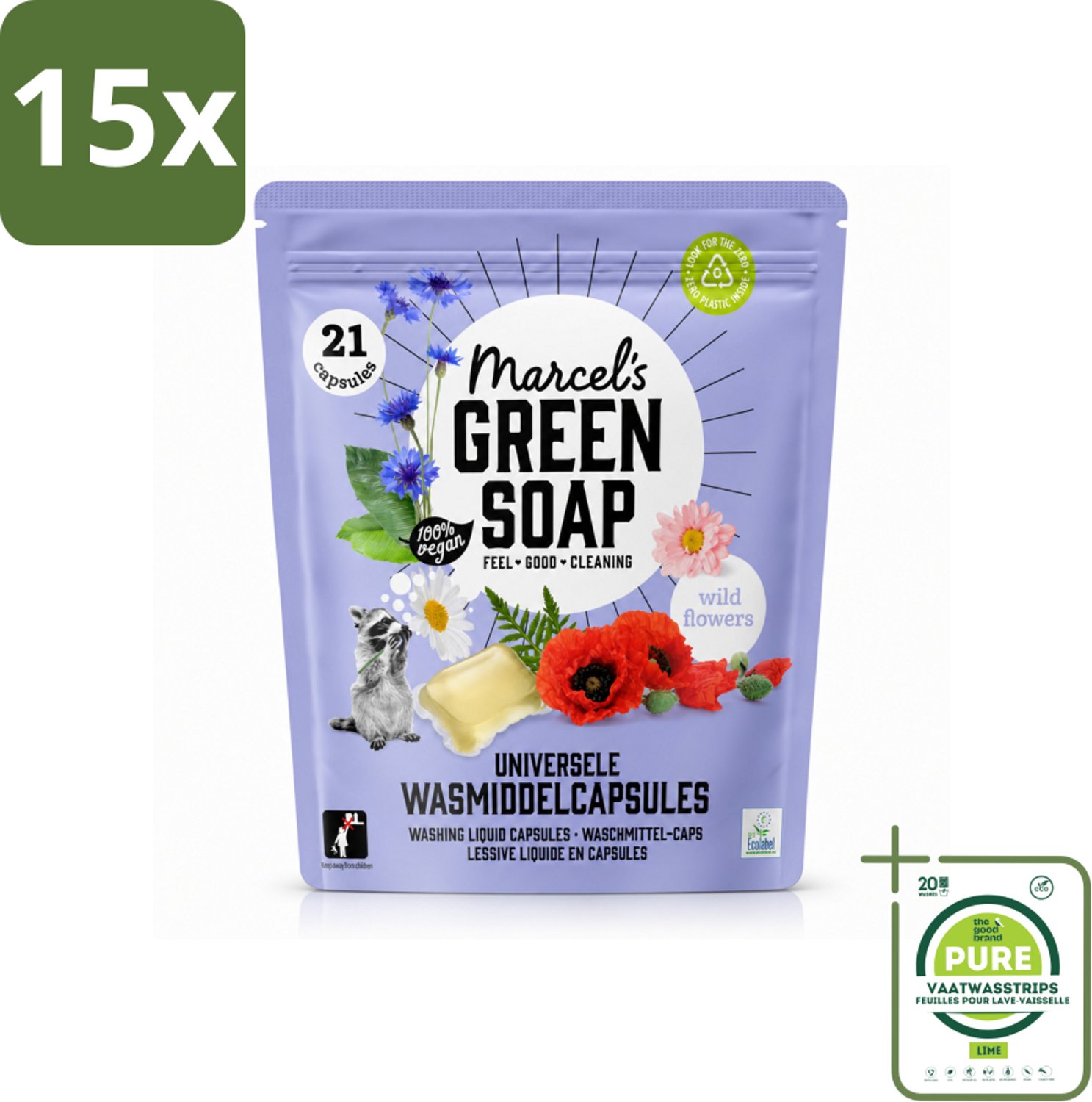 15 x Marcel's Green Soap - Wascapsules - Wilde Bloemen - Gemak in één dosis - 21 Capsules - Grootverpakking - Vaatwasstrips - Wascapsules - Wasgoed Reinigen - Natuurlijke Geur - Vegan Zeep - Milieuvriendelijk Wassen