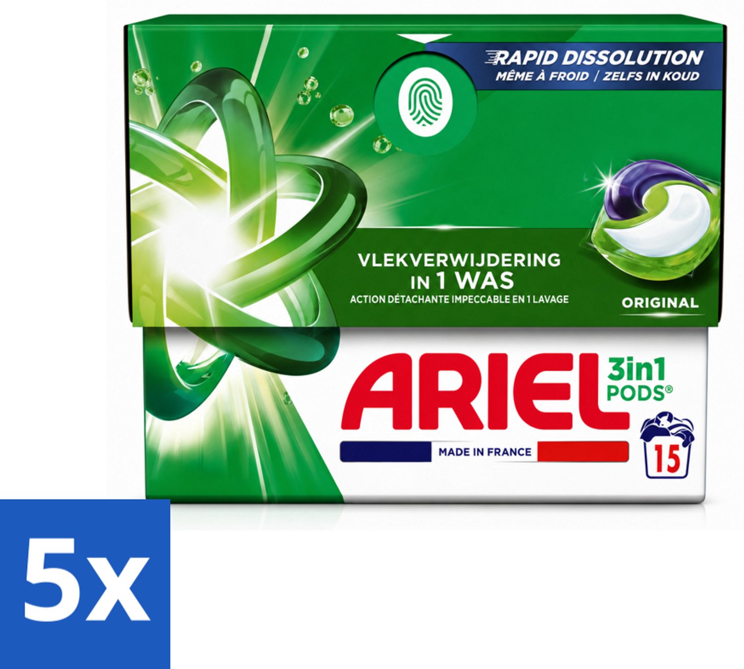 5 x Ariel - 3in1 Wasmiddel Pods - Original - 15 Pods - Voordeelverpakking - 5 stuks