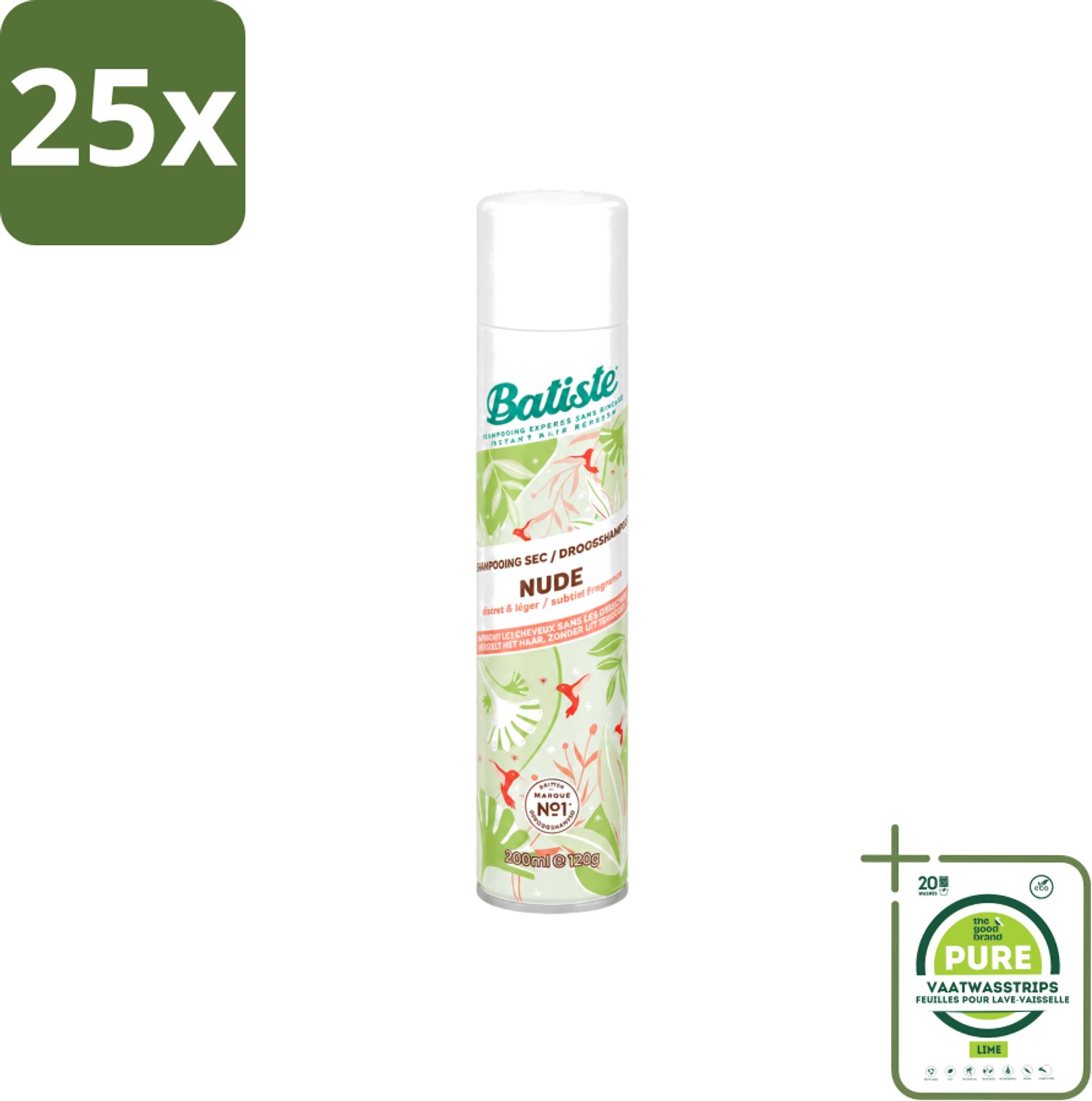 25 x Batiste - Nude - Droogshampoo - Frisse Look - Volume en Textuur - 200ml - Grootverpakking - Vaatwasstrips - Droogshampoo - Fris Haar - Natuurlijk Haar - Schone Haardos - Haarkleur