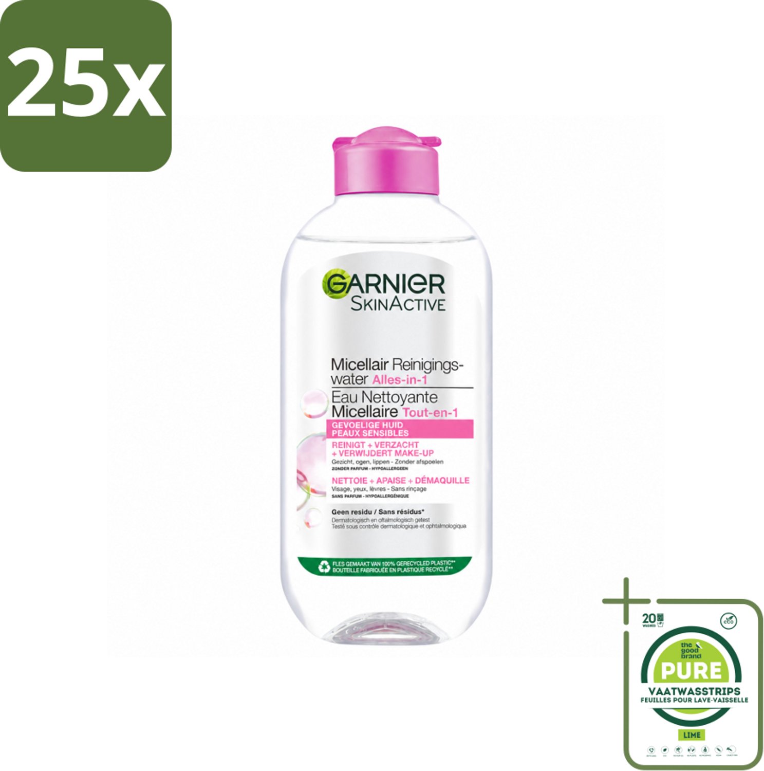 25 x Garnier - SkinActive - Micellair Water - Gevoelige Huid - Gezichtsreiniger - 200 ml - Grootverpakking - Vaatwasstrips - Gevoelige Huid - Gezichtsreiniger - Micellair Water - Make-up Verwijderen - Huid Verzachten