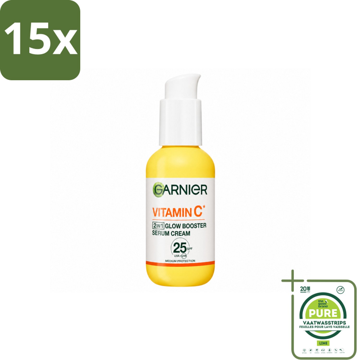 15 x Garnier - SkinActive - Serum Cream - Glow Booster - Vitamine C & SPF 25 - 50 ml - Grootverpakking - Vaatwasstrips - Glow Booster - Vitamine C - SPF 25 - Huidverlichting - Pigmentvlekken