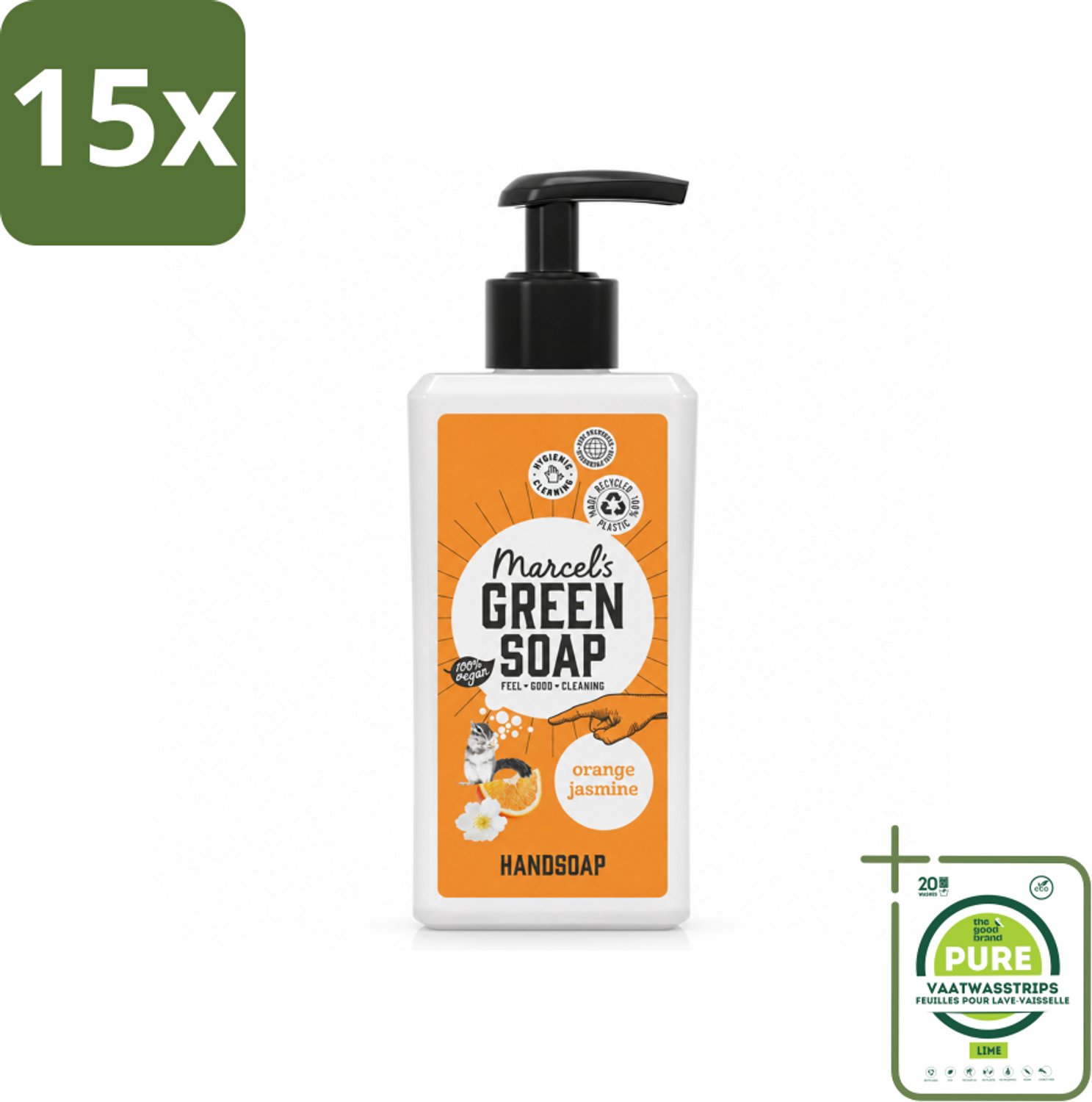 15 x Marcel's Green Soap - Handzeep - Sinaasappel & Jasmijn - Zachte verzorging - 250 ml - Grootverpakking - Vaatwasstrips - Handzeep Sinaasappel Jasmijn - Natuurlijke Handzeep - Biologische Handzeep - Plantaardige Handzeep - Glycerine Handzeep