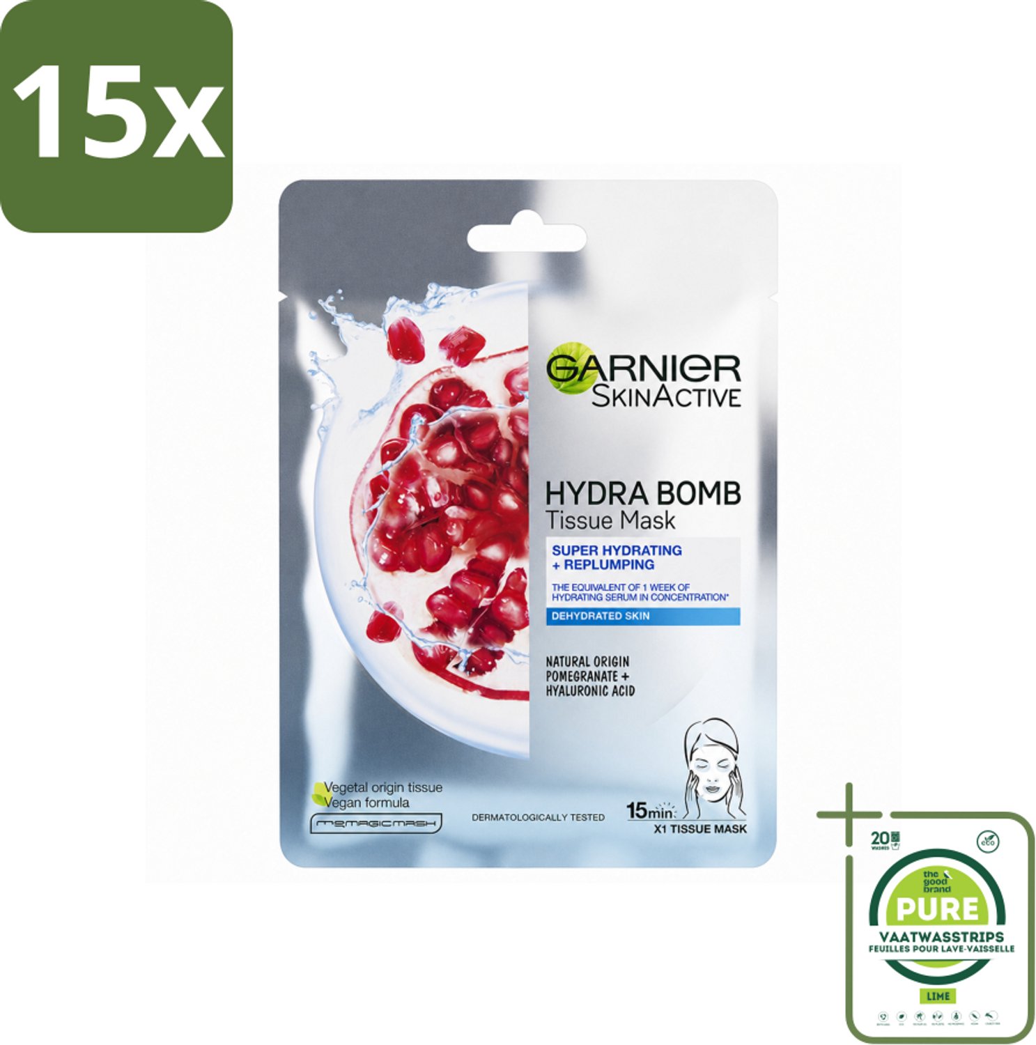 15 x Garnier - SkinActive - Hydra Bomb Sheet Mask - Granaatappel - Gezichtsmasker - 1 Gezichtsreinigingsmiddel - Grootverpakking - Vaatwasstrips - Gezichtsmasker - Hydraat - Huidverzorging - Droge Huid - Gevoelige Huid