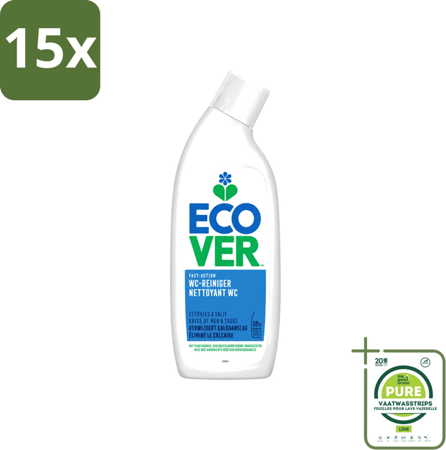 15 x Ecover - Toiletreiniger - Zeebries & Salie - 750 ml - Grootverpakking - Vaatwasstrips - Toiletreiniger - Zeebries - Salie - Natuurlijke Geur - Plantaardige Reiniging