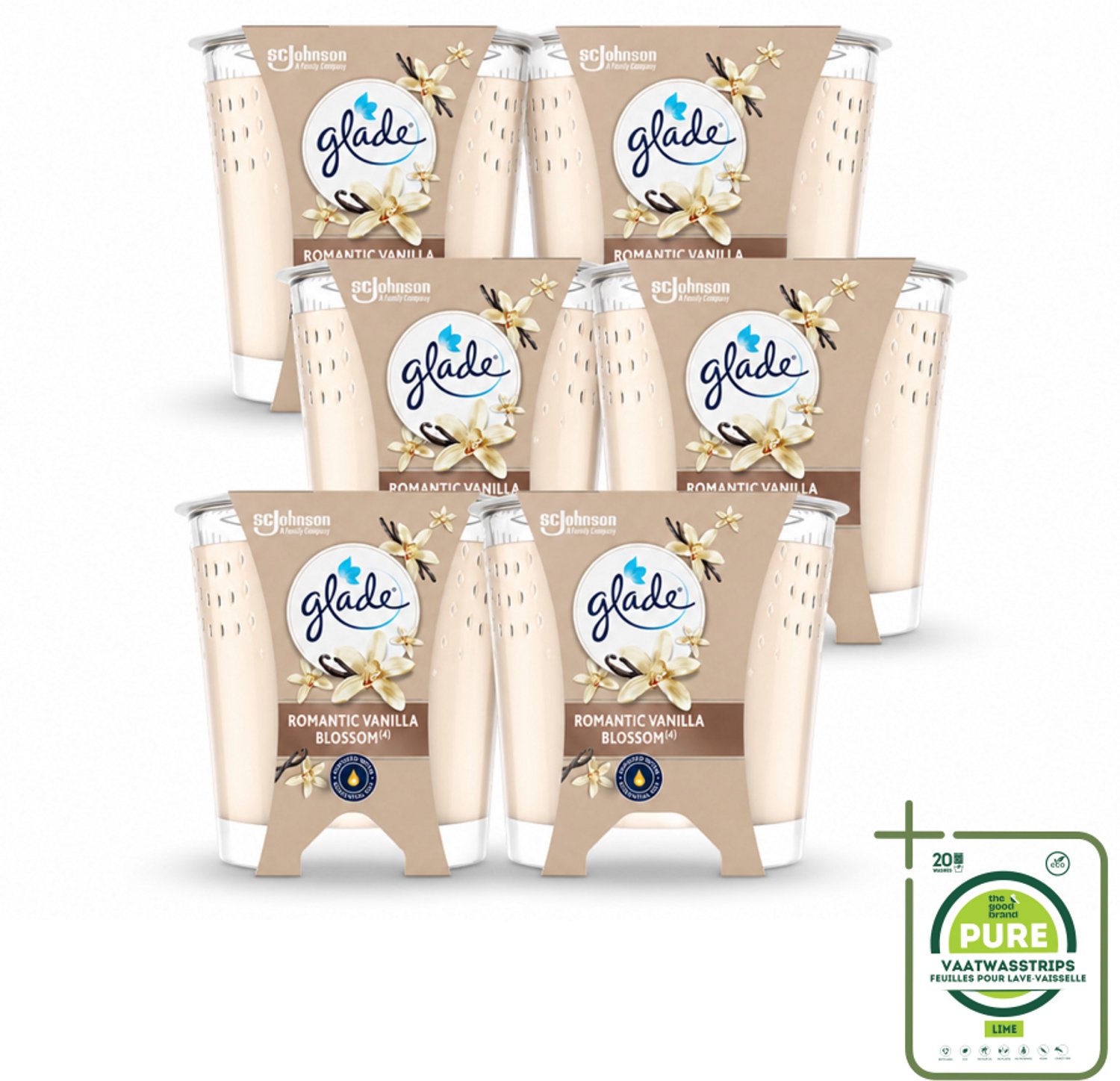 6 x Glade - Geurkaars Romantic Vanillebloesem - 100% Raapzaadwas & Vegan - 112 g - Grootverpakking - Vaatwasstrips - Romantische Kaars - Geurkaars - Vegan Kaars - Warme Geur - Amber Geur