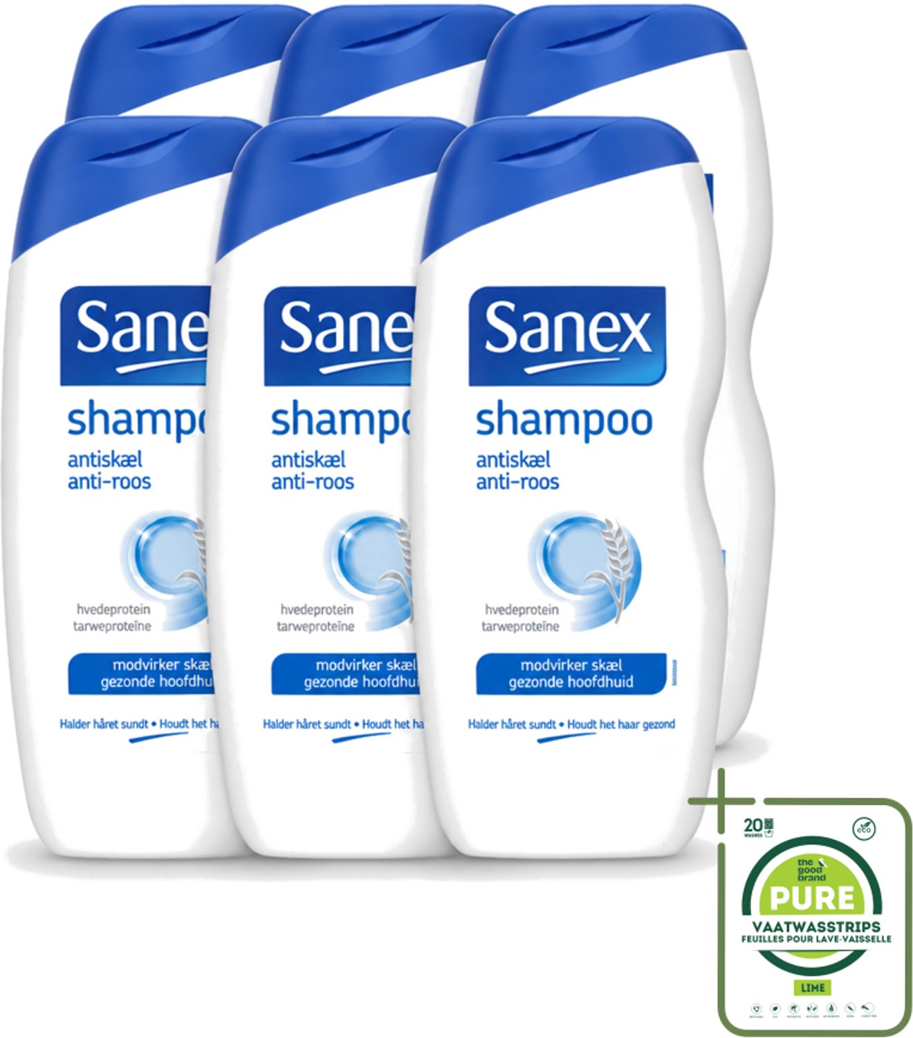 6 x Sanex - Shampoo - Anti-Roos - Tegen Schilfers - 250 ml - Grootverpakking - Vaatwasstrips - Anti-roos Shampoo - Schilfers Shampoo - Kalmerende Shampoo - Huidverzorging - Hoofdhuid Balans