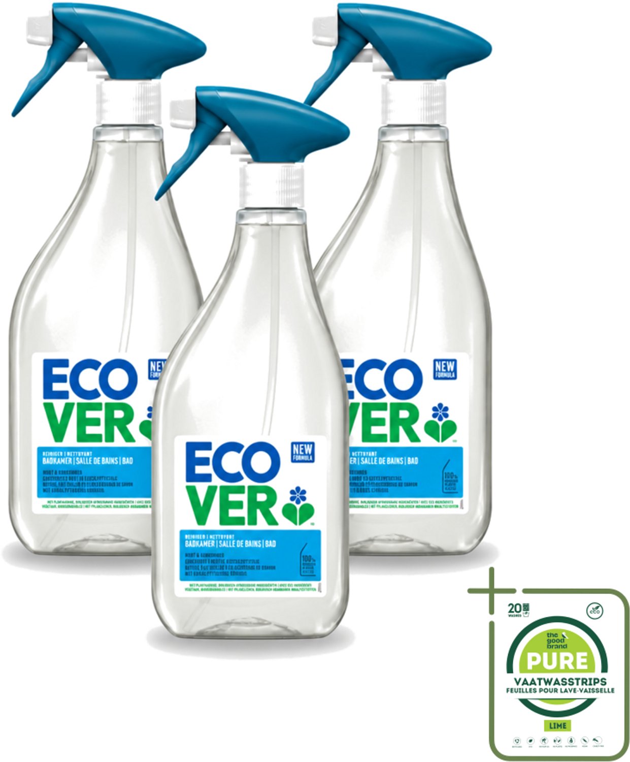 3 x Ecover - Badkamerreiniger - Munt & Komkommer - 500 ml - Grootverpakking - Vaatwasstrips - Badkamerreiniger - Kalkverwijdering - Zeepresten - Plantaardige Reiniger - Ecologische Reiniger