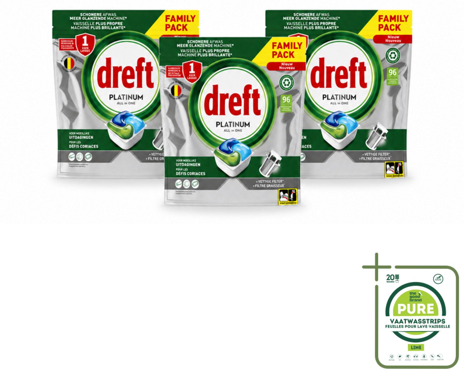 3 x Dreft - Vaatwastabletten - Platinum All-in-One Origineel - Grootverpakking - 96 Tabletten - Grootverpakking - Vaatwasstrips - Vaatwasser - Vaatwasser Tablet - Vaatwasser Reinigen - Vaatwasser Filter - Vaatwasser Vet
