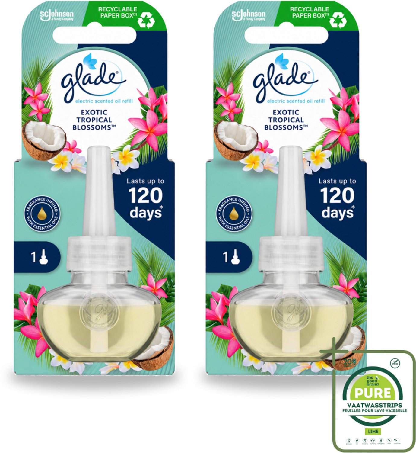 2 x Glade - Navulling Elektrische Olie - Exotic Tropical Blossoms - Zonder Houder - Grootverpakking - Vaatwasstrips - Tropische Geur - Monoi Olie - Exotische Bloemen - Kokosmelk - Geurhoudend